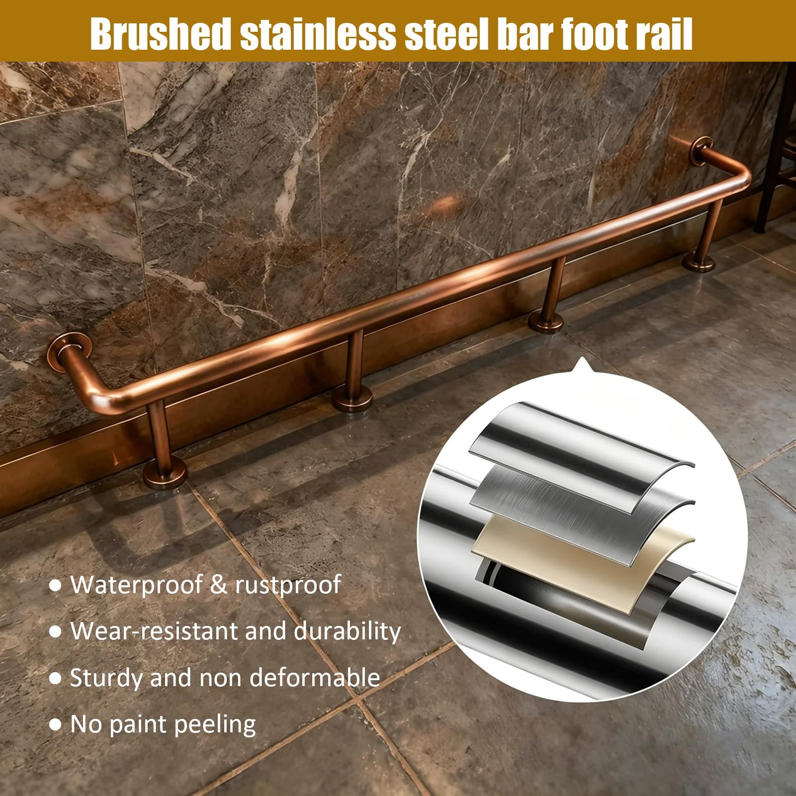 Ensemble Complet De Repose-pieds En Cuivre Vintage Poli, Rail De Repose-pieds Robuste En Acier Inoxydable Pour Bar, Cuisine, Restaurant, Intérieur Et Extérieur