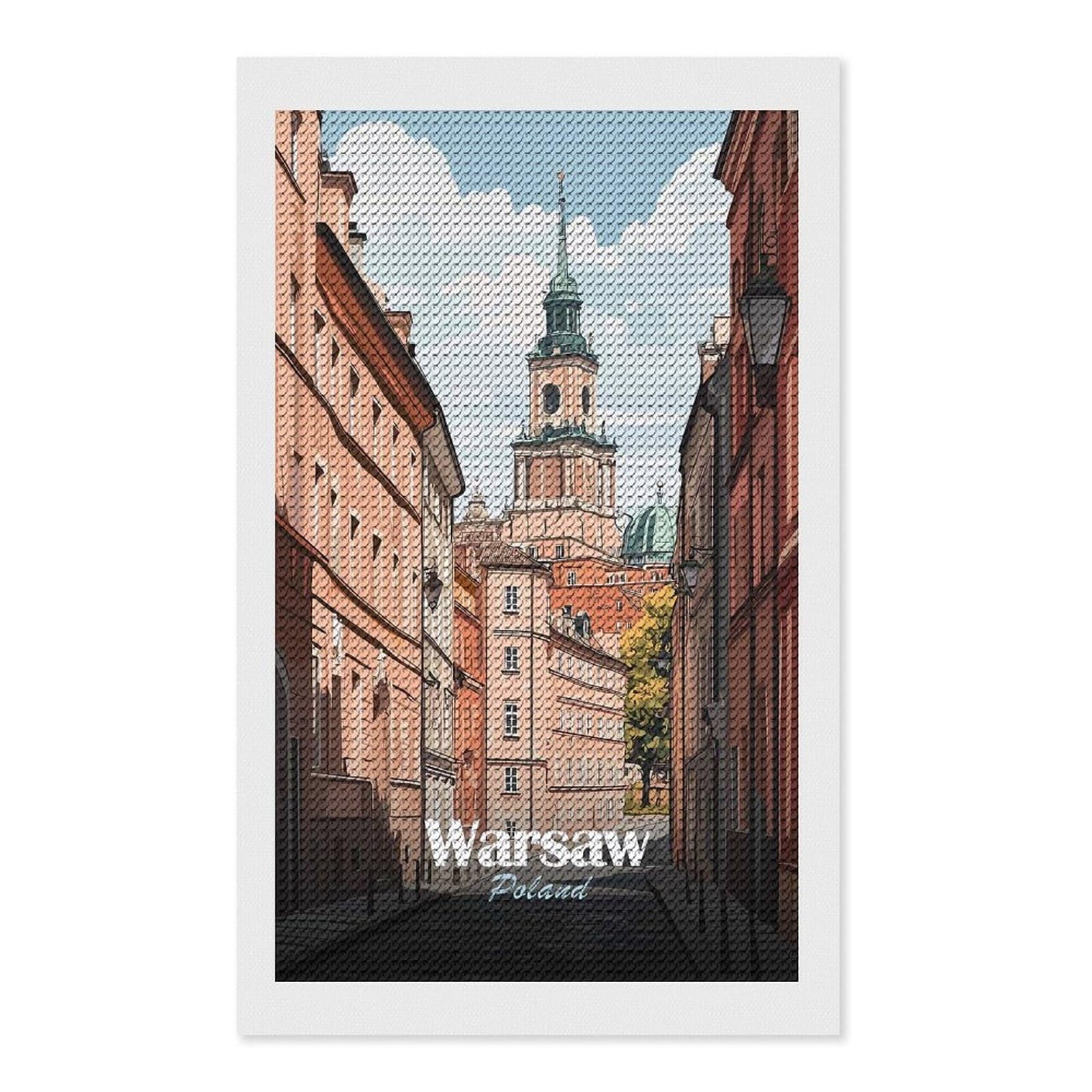 Junmoney Warsaw, Poland Cityscape 5D Diamond Painting Kit 12"x20", Relaxing DIY, Mindful Craft Project, Full Kit Included, Thoughtful Present