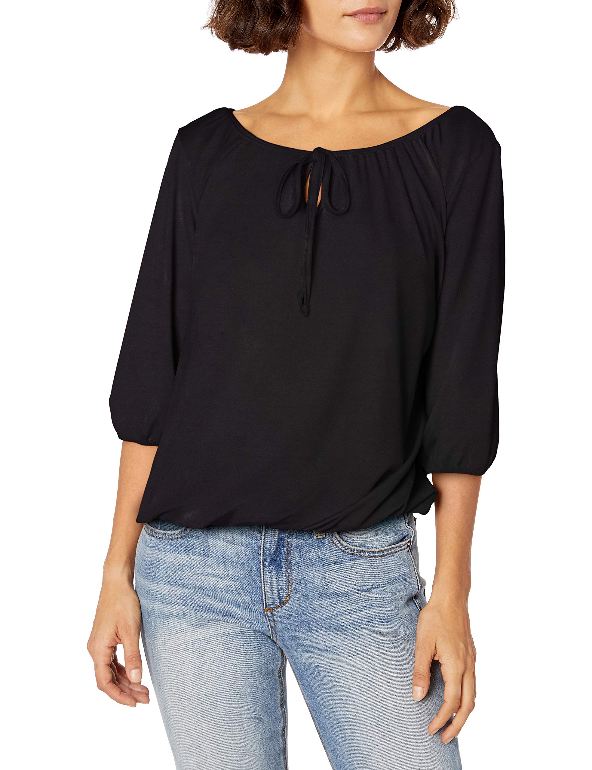 Star Vixen Women's Petite 3/4 Sleeve Tieneck Elasticized Peasant Top, Black, Medium Petite