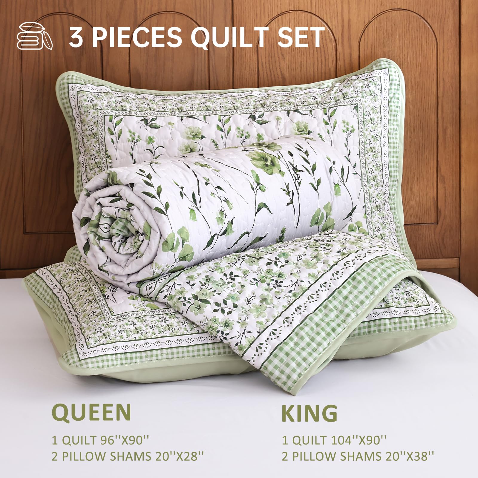 WONGS BEDDING Bettwäsche-Set mit Blumenmuster, Queen-Size-Größe, Salbeigrün, Tagesdecken-Set mit 2 Kissenbezügen, Mikrofaser, leicht, Blumen, botanische Bettwäsche-Sets für alle Jahreszeiten (243,8 x