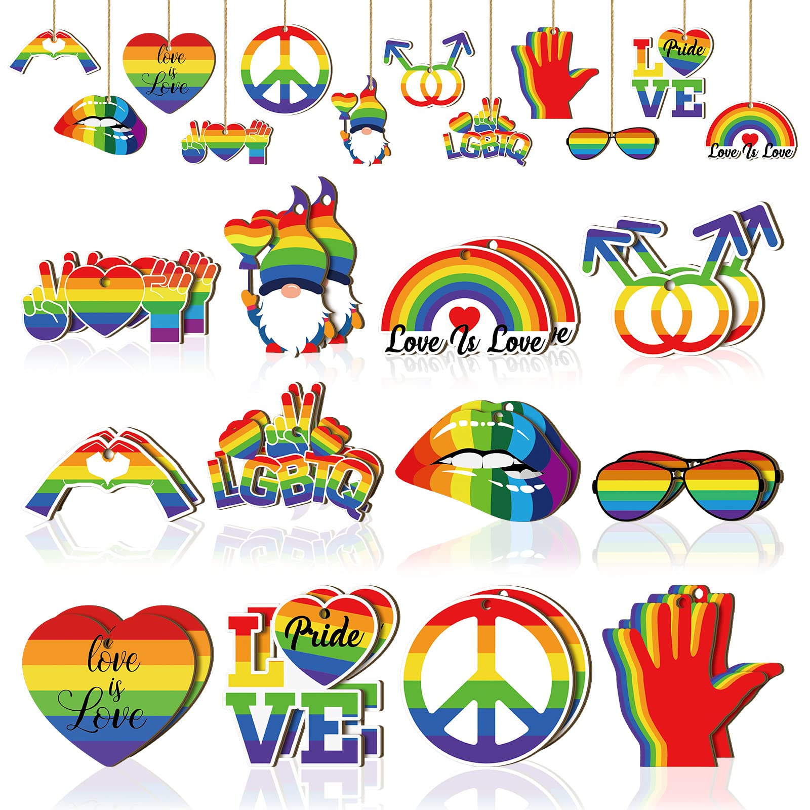 Maitys 24 Pcs Gay Pride Wooden Hanging Ornaments LGBT Pride Rainbow Pendant Slices Rainbow Heart Shape Wood Hanging Sign Wood Gay Pride Tags Hanging
