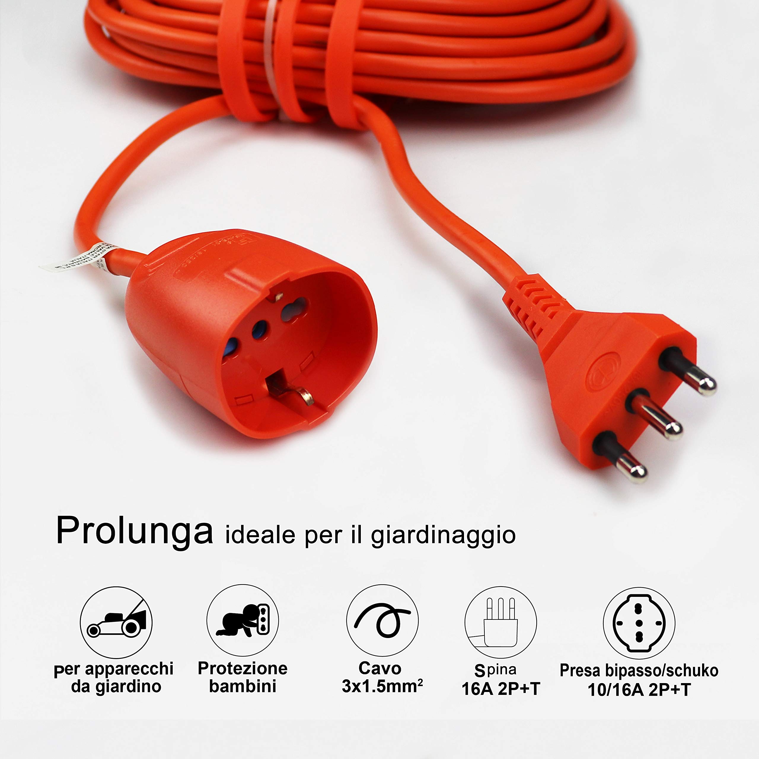 Extrastar Prolunga Da Giardino Con Pratico Supporto Spina Grande 16 A Presa Pluristandard Sezione Cavo 3 x 1,5 mm² femmina Arancio 10 Meter.