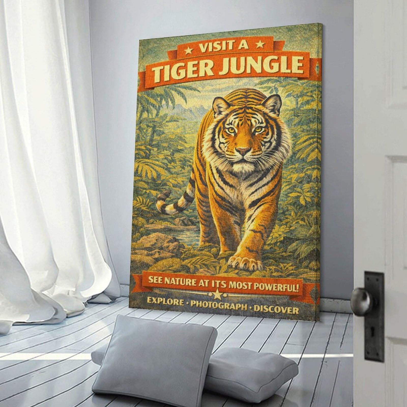 Junmoney Visit A Tiger Jungle Vintage Canvas Wall Picture, 20x30inch(50x75cm), for Entrance Spaces, Stair Walls Or Halls, A Stylish Accent for Home Entrances