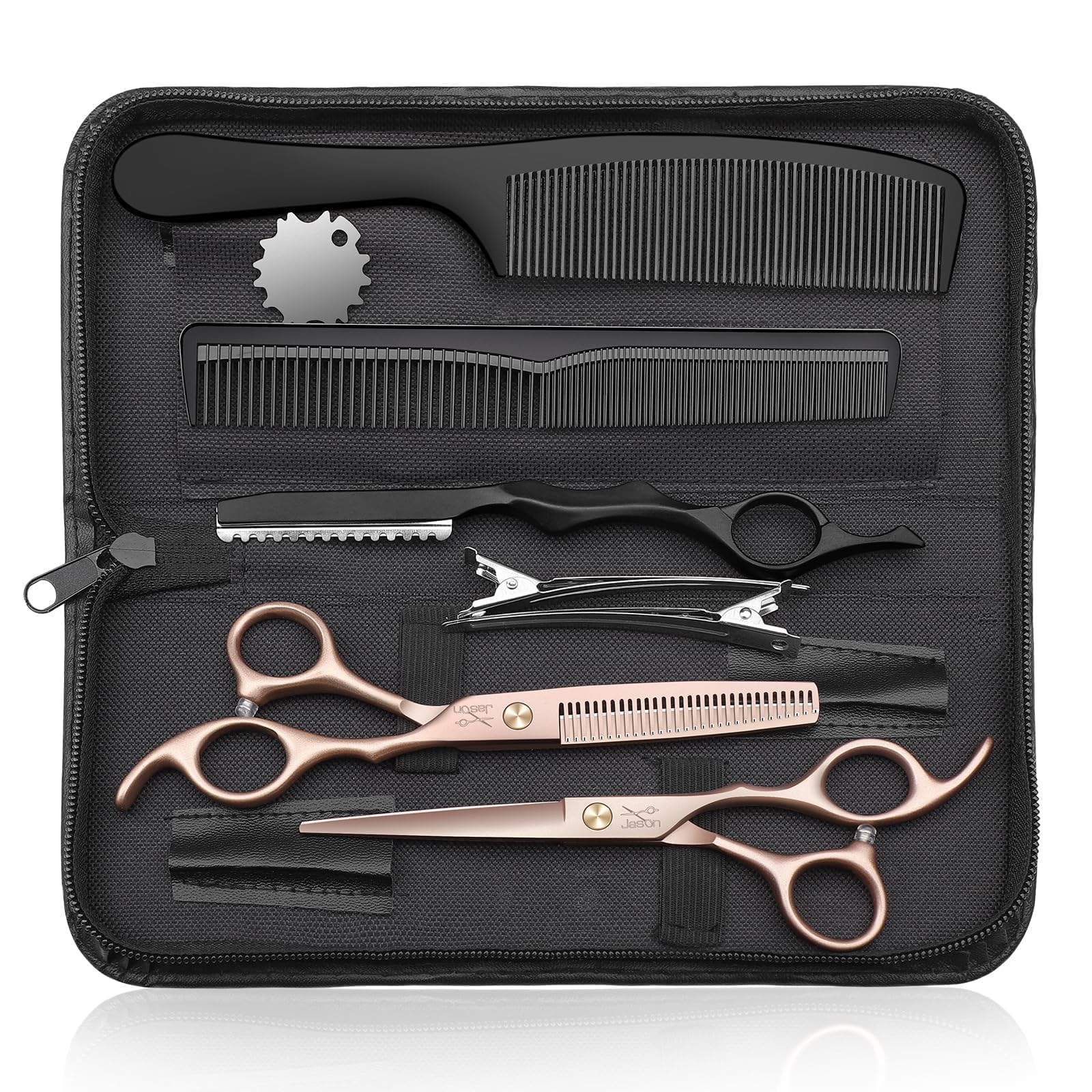 JASON Set di forbici da parrucchiere professionali - Set di forbici per capelli da 10 pezzi (forbici da taglio e forbici per sfoltire) Set di forbici per parrucchieri da 6,5 pollici, oro rosa