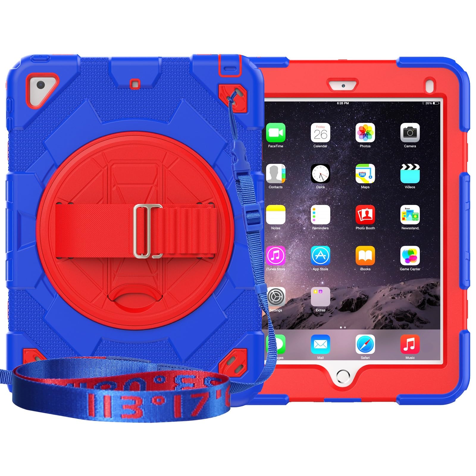 Custodia protettiva per tablet PC compatibile con iPad 9.7/Air 2/iPad Pro 9,7 pollici 2018/2017, custodia in TPU + PC rigido, custodia integrale con supporto rotante a 360 gradi e cinghia da polso,