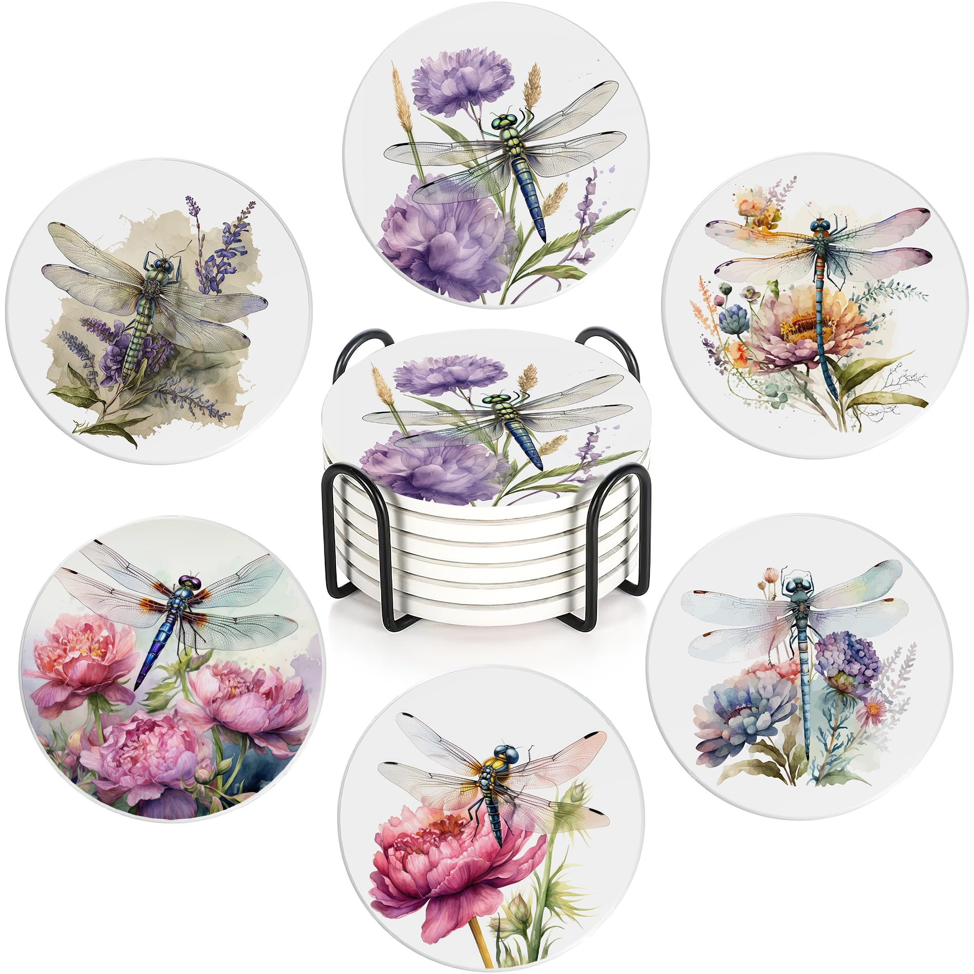 Coaster for Drinks Set of 6, Dragonfly Flower Absorbing Round Ceramic Stone Coaster with Cork Base,Tabletop Protection Mat for Mugs and Cups,Coffee