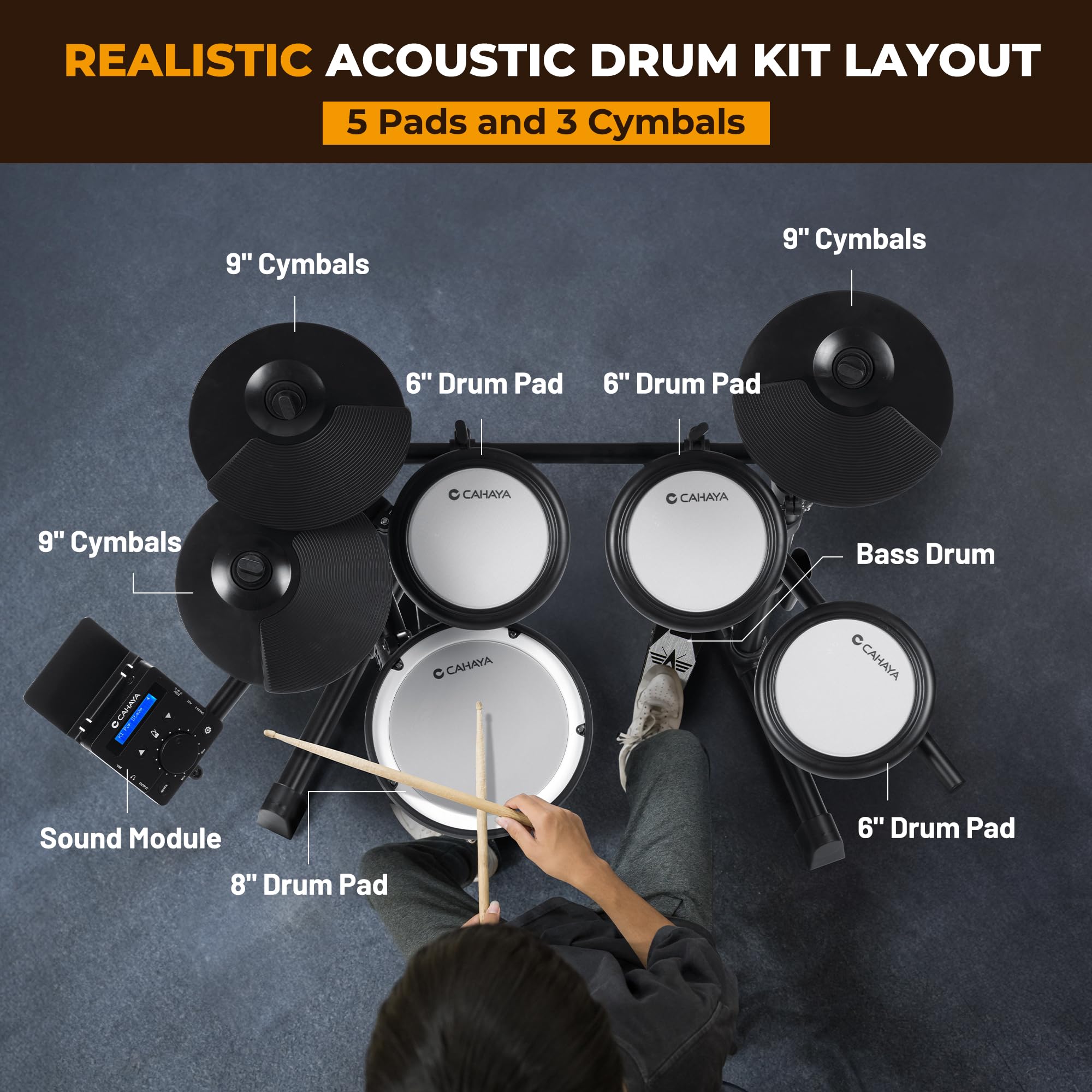 CAHAYA Batería Electrónica con Pads de Malla: Dual Trigger y 350 Sonidos – E-Drum Kit con Caja de 8", Kit Completo con Banqueta, Auriculares y Baquetas – Ideal para Niños y Principiantes