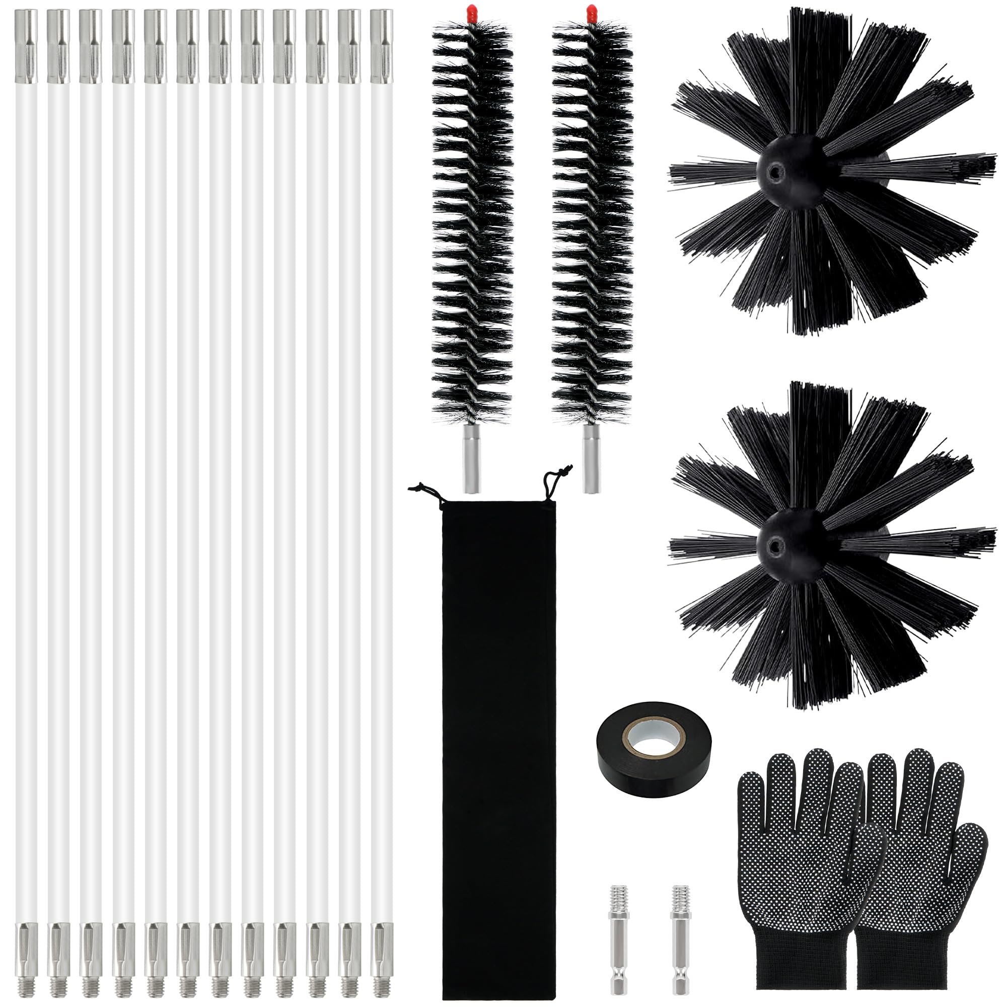 rloao 21Pcs Chimney Cleaning Brush Kit, with 12 Nylon Rods, 4 Brush Heads and 1 Hex Shank Drill Adapter, Flexible Chimney Sweep Kit for Flue Fireplace Sewage Pipe Fume Hood