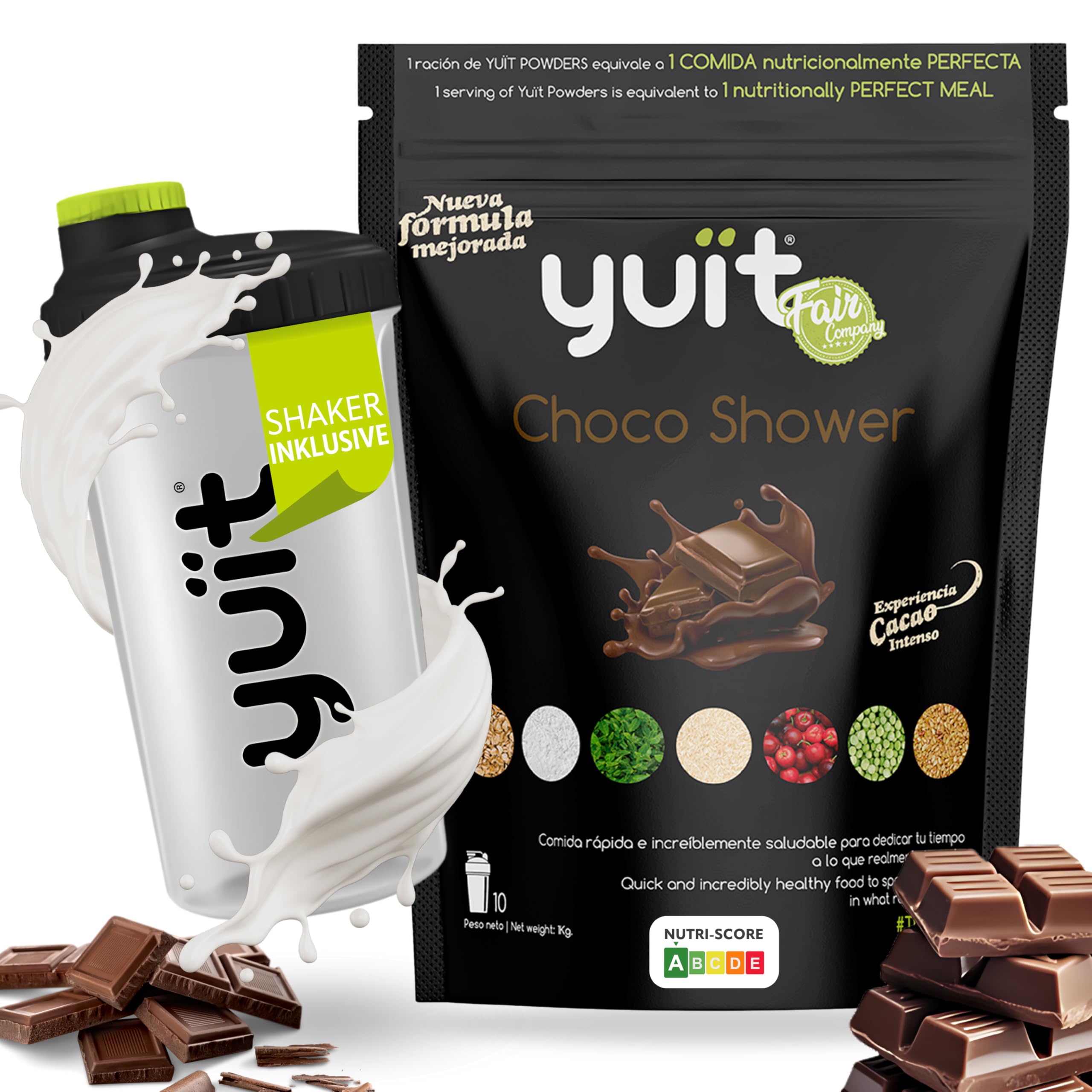 YUIT - Trinkmahlzeit in Pulverform mit 31 Vitaminen und Mineralien + Probiotika -Eiweißshake mit 35 g Eiweiß - Natürliche und echte Lebensmittel - Sättigender Mahlzeitenersatz (1kg-Schokolade+SHAKER)
