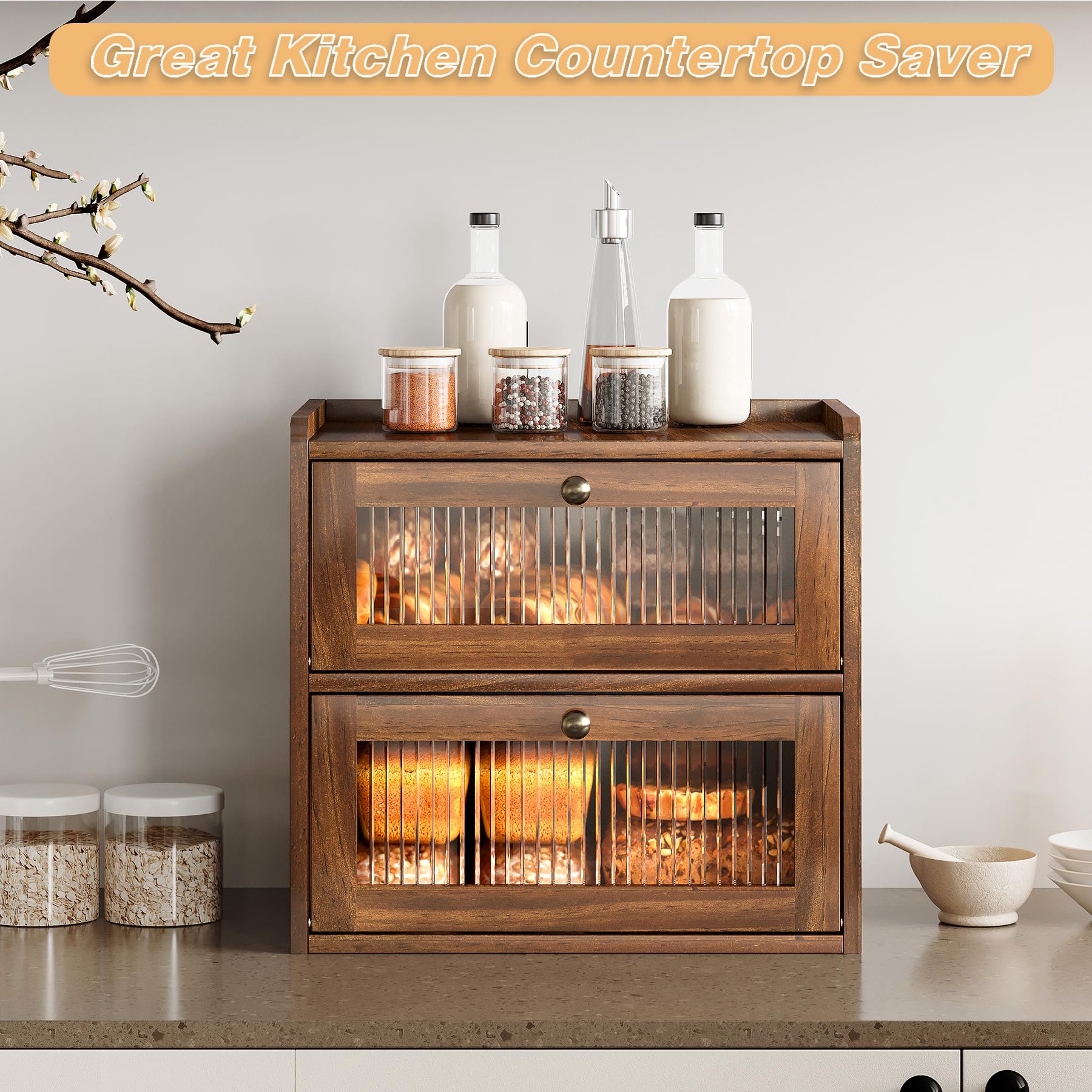 Alpeir Panera grande de doble capa para encimera de cocina, contenedor de almacenamiento de pan de esquina de madera con ventana acrílica, marrón retro