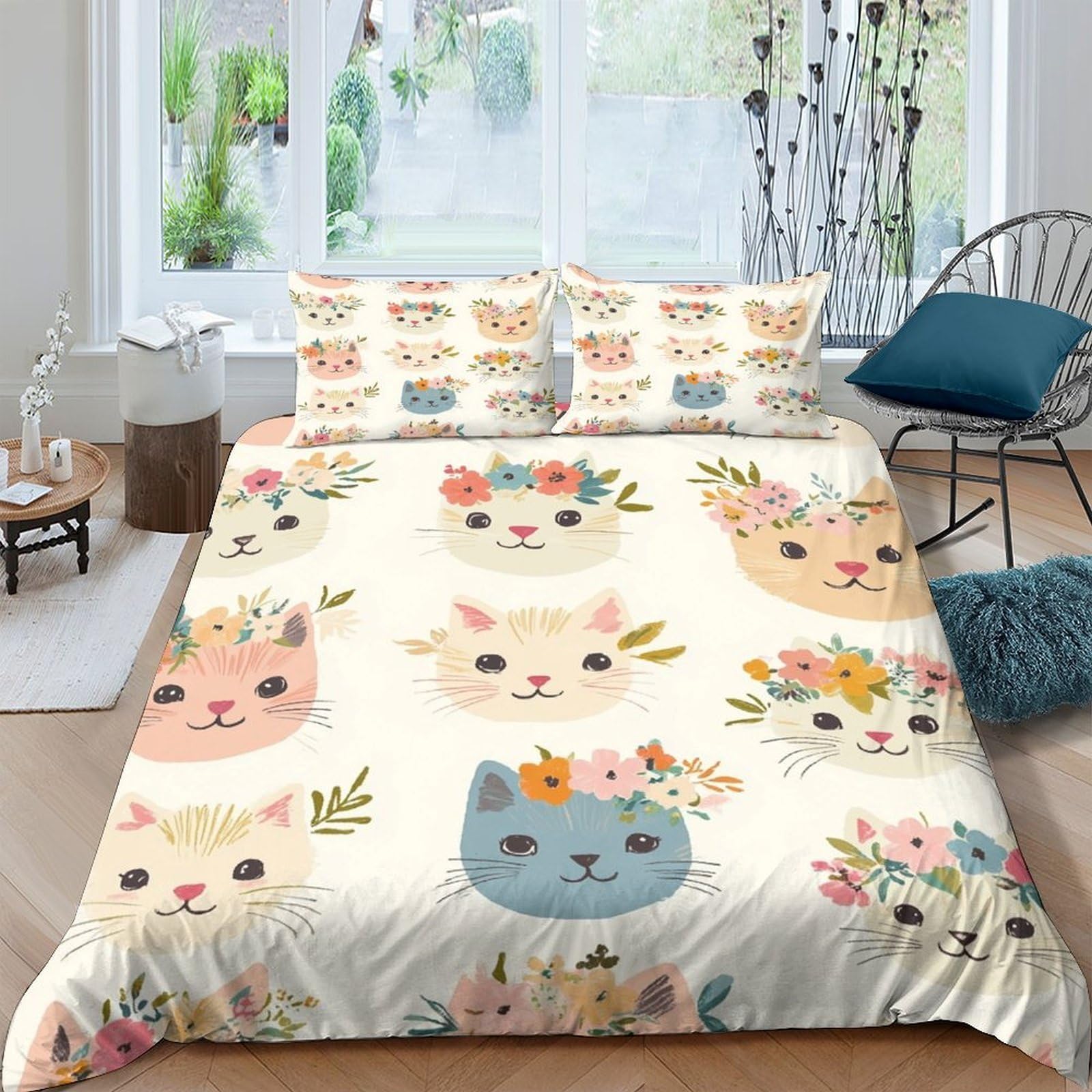 Ctjqhvkz Style-5 3D Printed Cartoon Cat Floral Fitted Sheet Microfiber Soft Bed Sheet For Bedroom Guestroom Mattress Cover Decor Single（135X200cm）