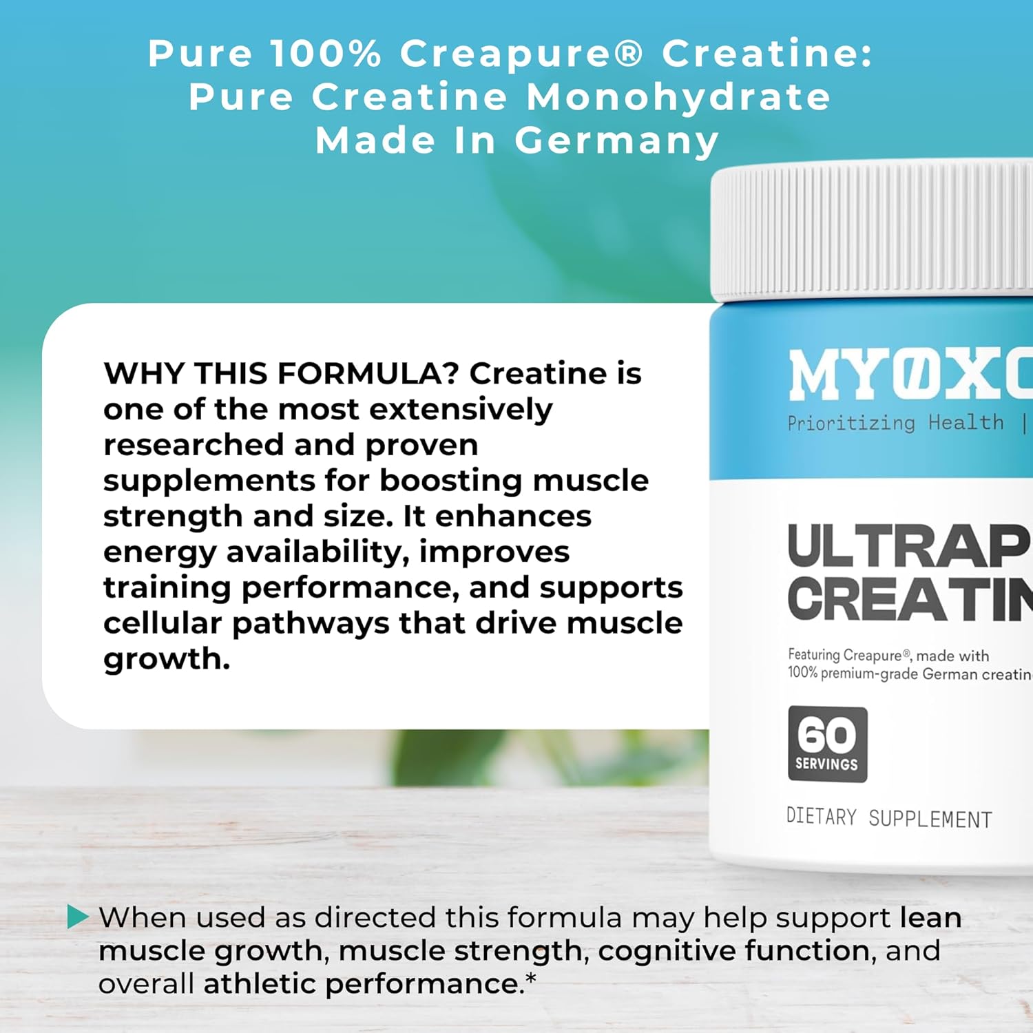 MYOXCIENCE Creapure® Creatine Monohydrate | Supports Strength & Muscle Mass, Cognition and Lean Body Mass | Unflavored 60 Servings