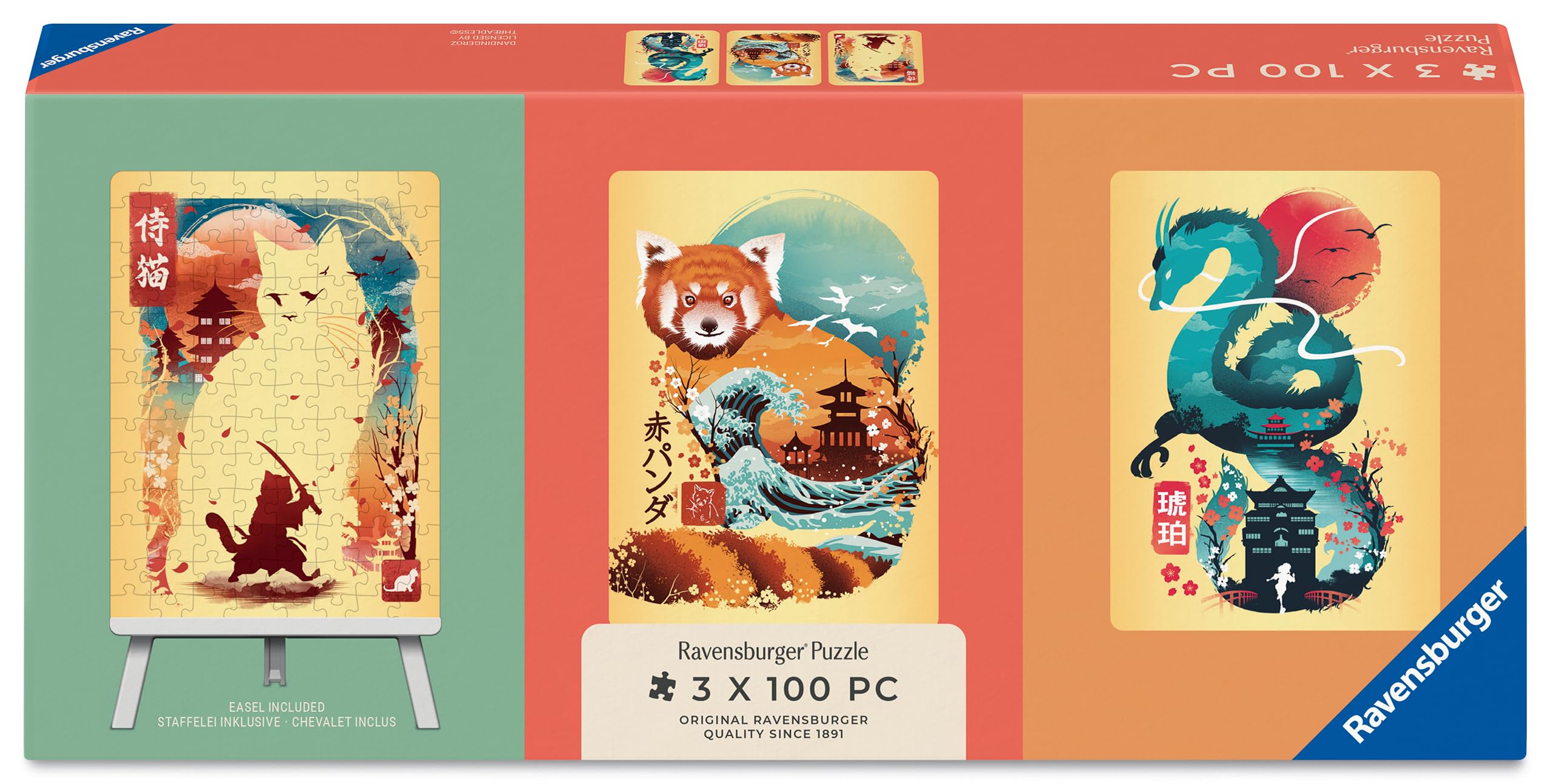 Ravensburger Ukiyo-E Cat Warrior, Red Panda & Dragon Puzzle & Easel Set – 3 x 100 Piece Jigsaw Puzzles for Kids & Adults, Japanese Style Animal Artwork, Includes Small Puzzle Easel