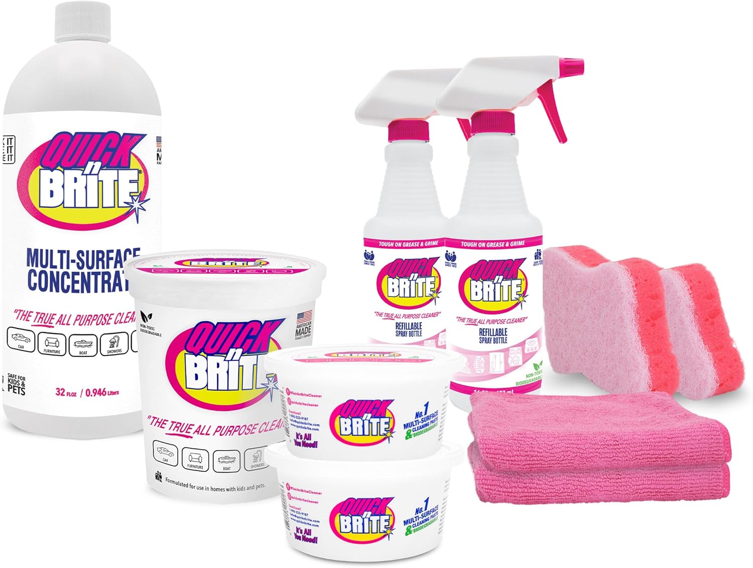 Quick 'n Brite Ultimate Cleaning Kit – Includes 32oz Paste, 16oz Super Shot, 2 Refillable Spray Bottles, Microfiber Towel, Scrubber Sponge & Quick Start Guide – All Purpose Cleaner - Made in the USA