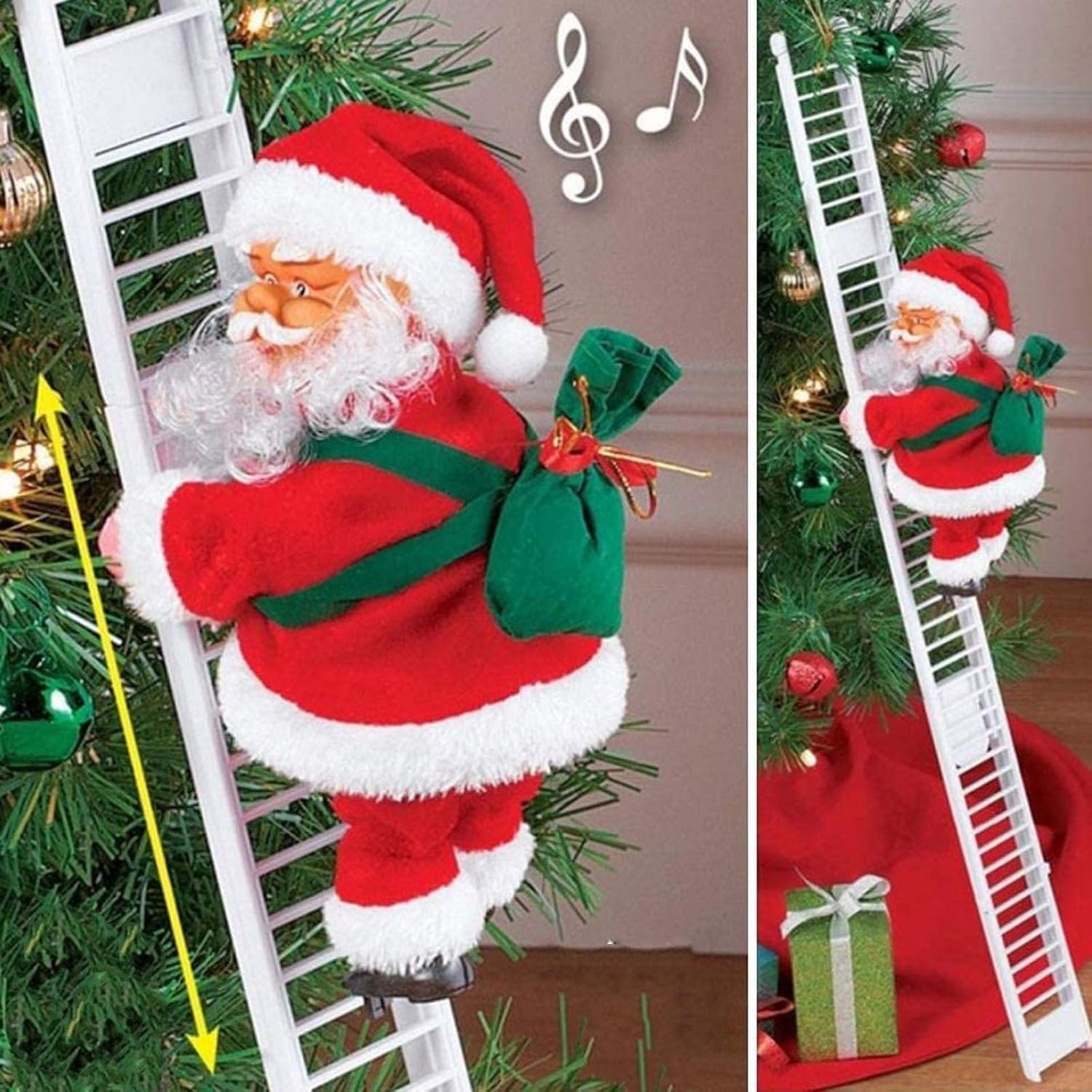 Electric Santa Claus Climbing Ladder, Funny Climbing Santa Music, Electric Climbs Up and Down, Christmas Tree Decorations for a Festive Touch (White)