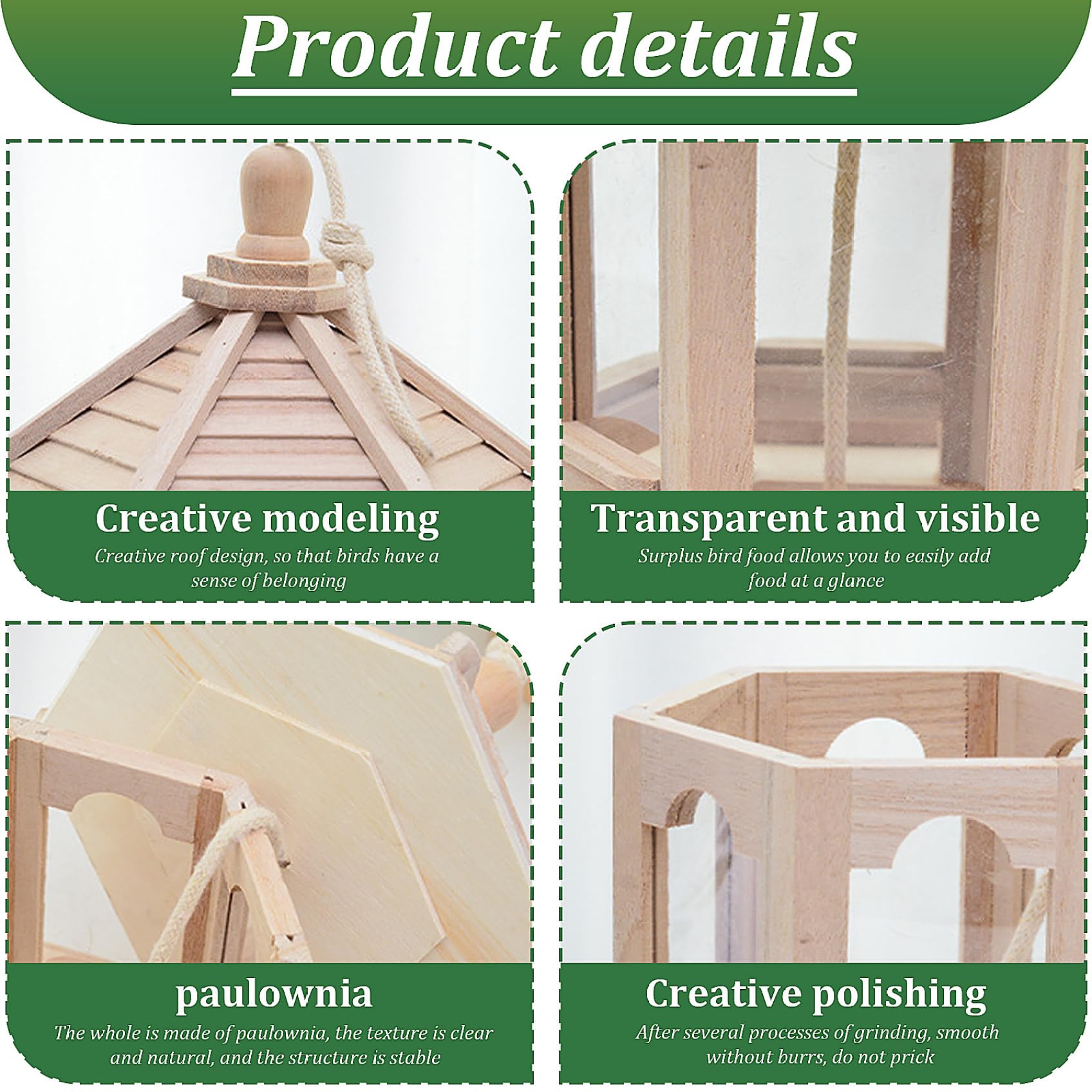 Comedero para pájaros de madera, mesa para pájaros colgante impermeable con techo extraíble, comedero para casa de jardín natural, mesa decorativa de madera para amantes y decoraciones de jardín
