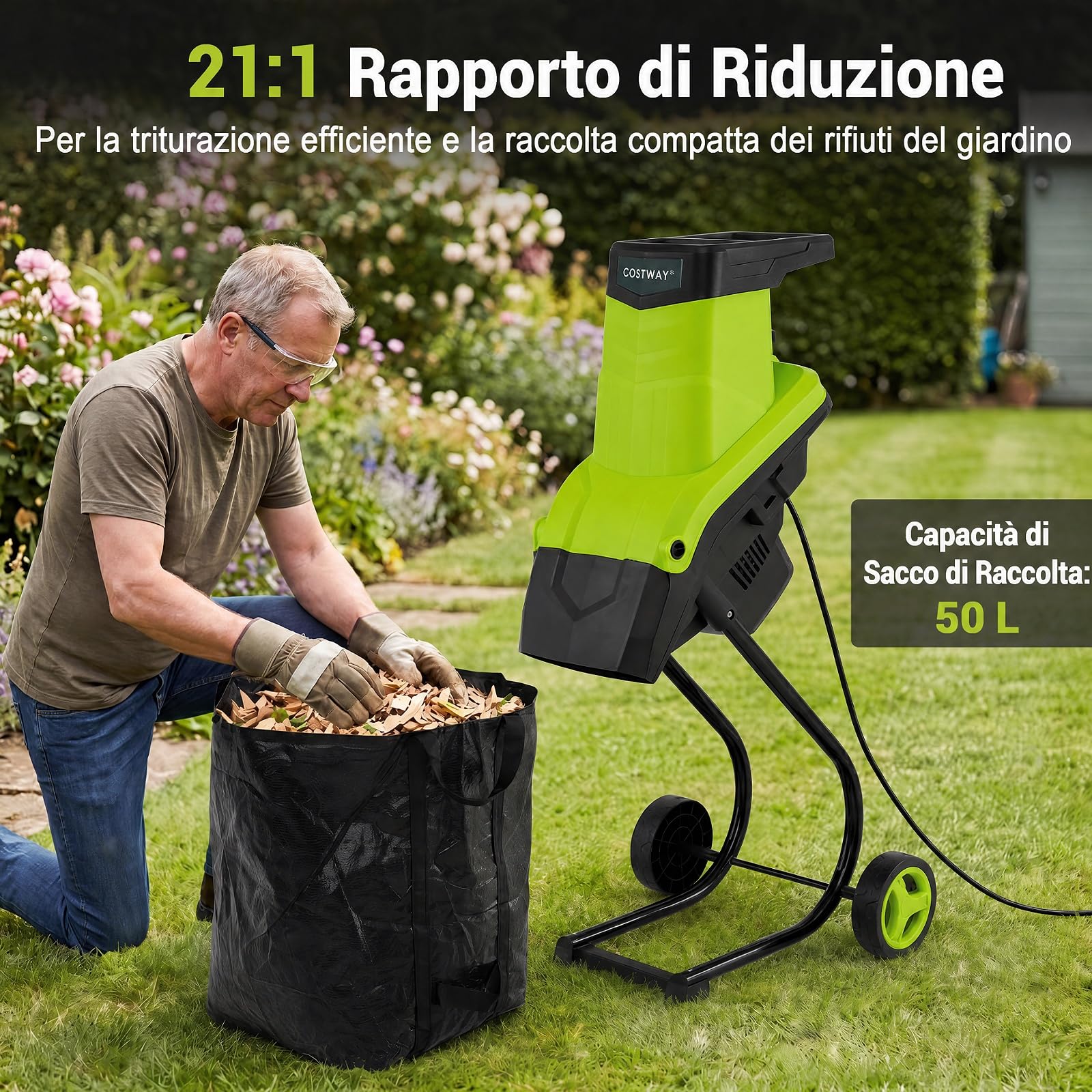 COSTWAY Biotrituratore Elettrico 2500 W, Cippatore Trita Legno (Verde) | Trinciatrice da Giardino a Rullo per Rami e Arbusti 45 mm con Sacco 50 L, Lame a Doppio Taglio, Pala Spingirami e Maniglia