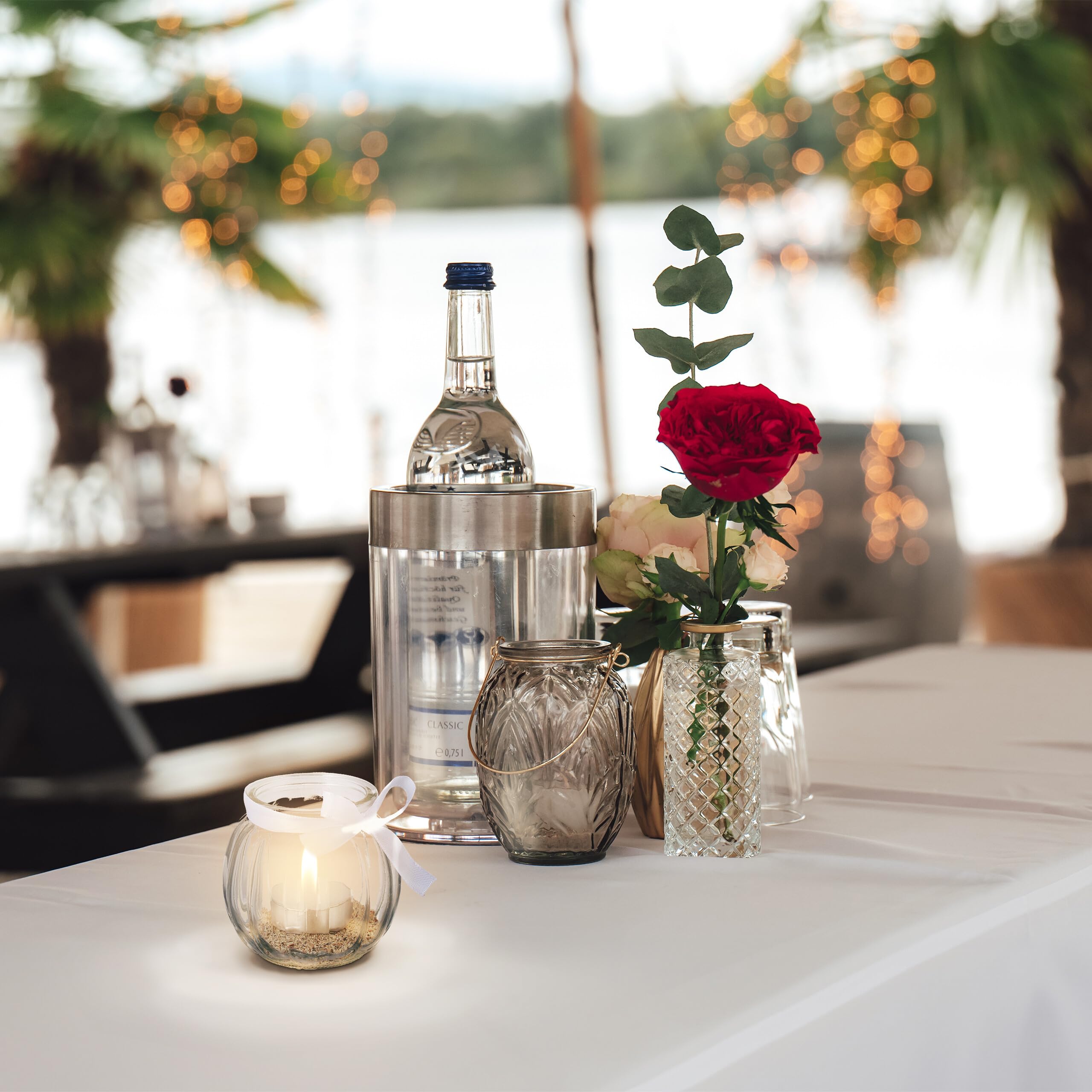 Relaxdays Vasetti Portacandele, Set 12, Vasi in Vetro per Candele e Lumini, Bicchierini con Fiocco Bianco, Trasparente