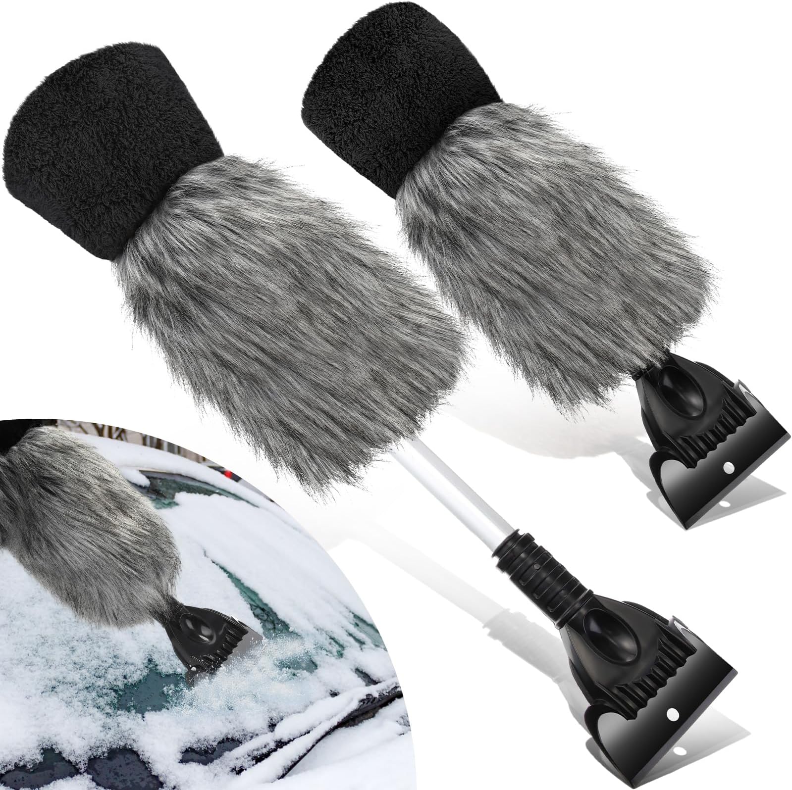 2 Pcs Ice Scraper Retractable with Glove Set Faux Fur Car Windshield Scraper Mitt Retractable Snow Remover Quickly Ice for Removing Snow Glove Set for Keeping Warm (Grey)