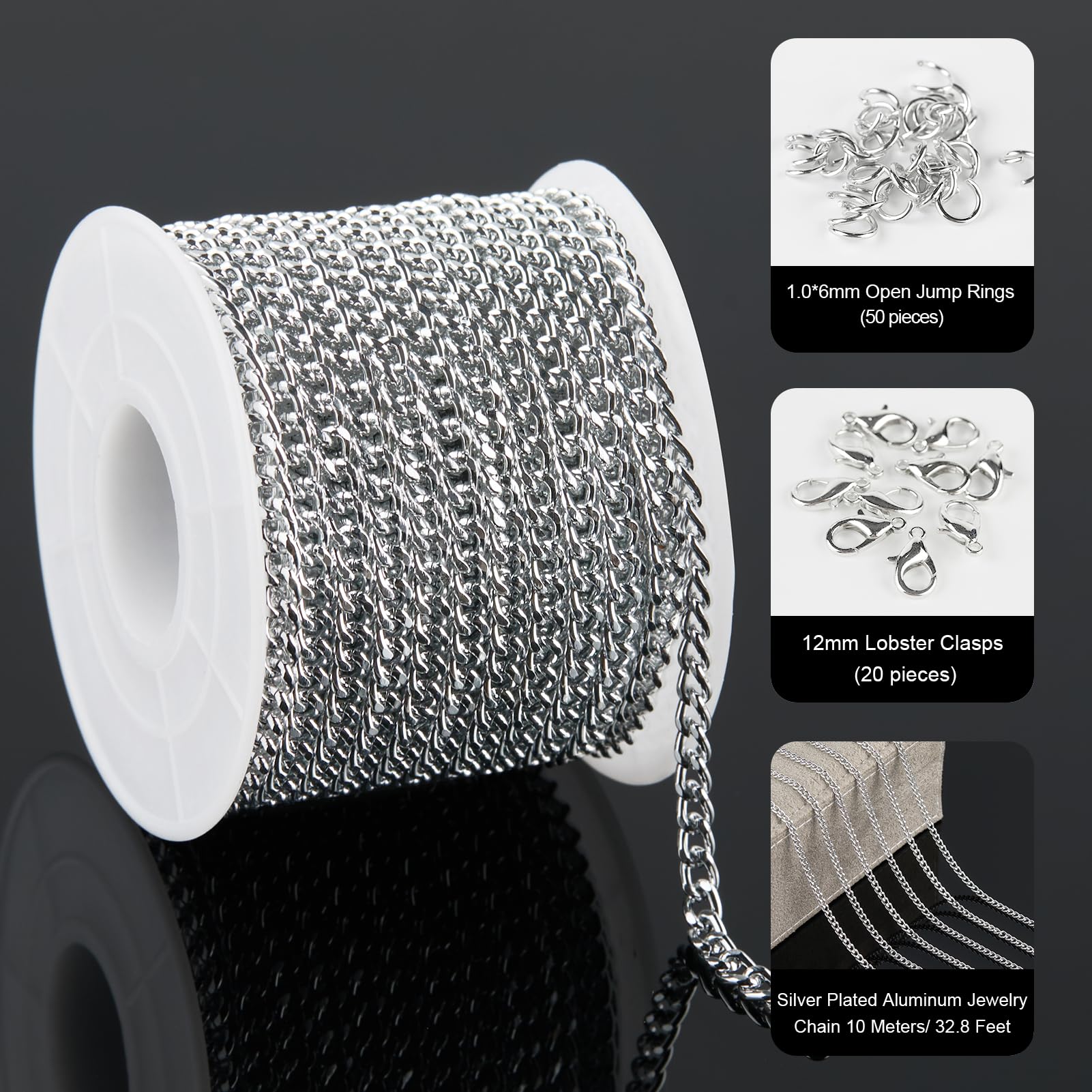 YOUBEIYEE 32.8 Feet Silver Plated Chains for Jewelry Making Cuban Chain Link Aluminum Jewelry Making Chains Bulk