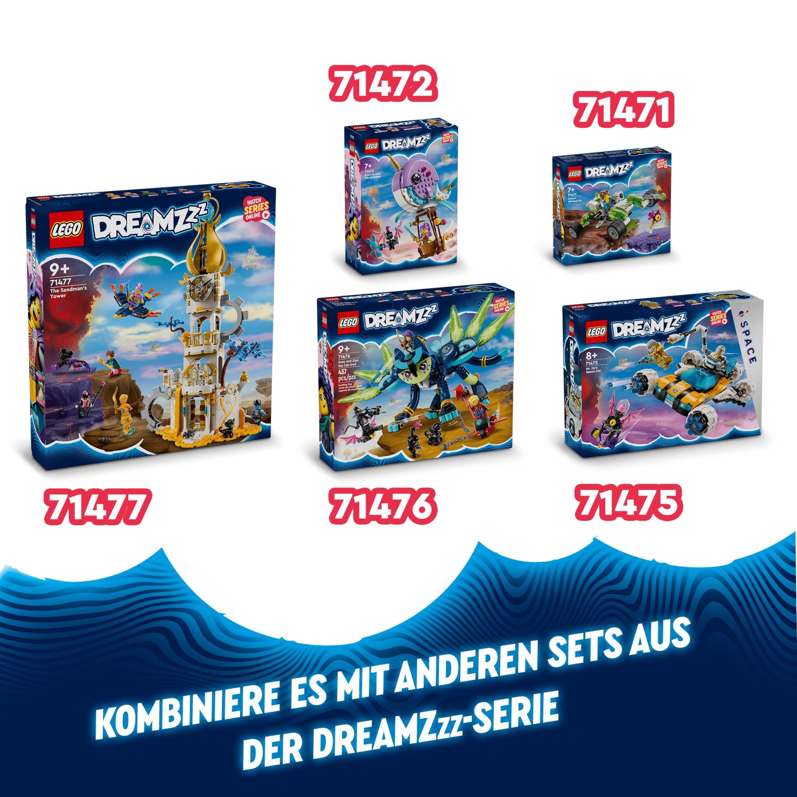 LEGO DREAMZzz 2-in-1 Turm des Sandmanns, Schloss-Spielzeug für Kinder zum Bauen, Set mit Fantasy-Tieren inklusive Spinne und Vogel, Geschenk für Mädchen und Jungen ab 9 Jahren 71477