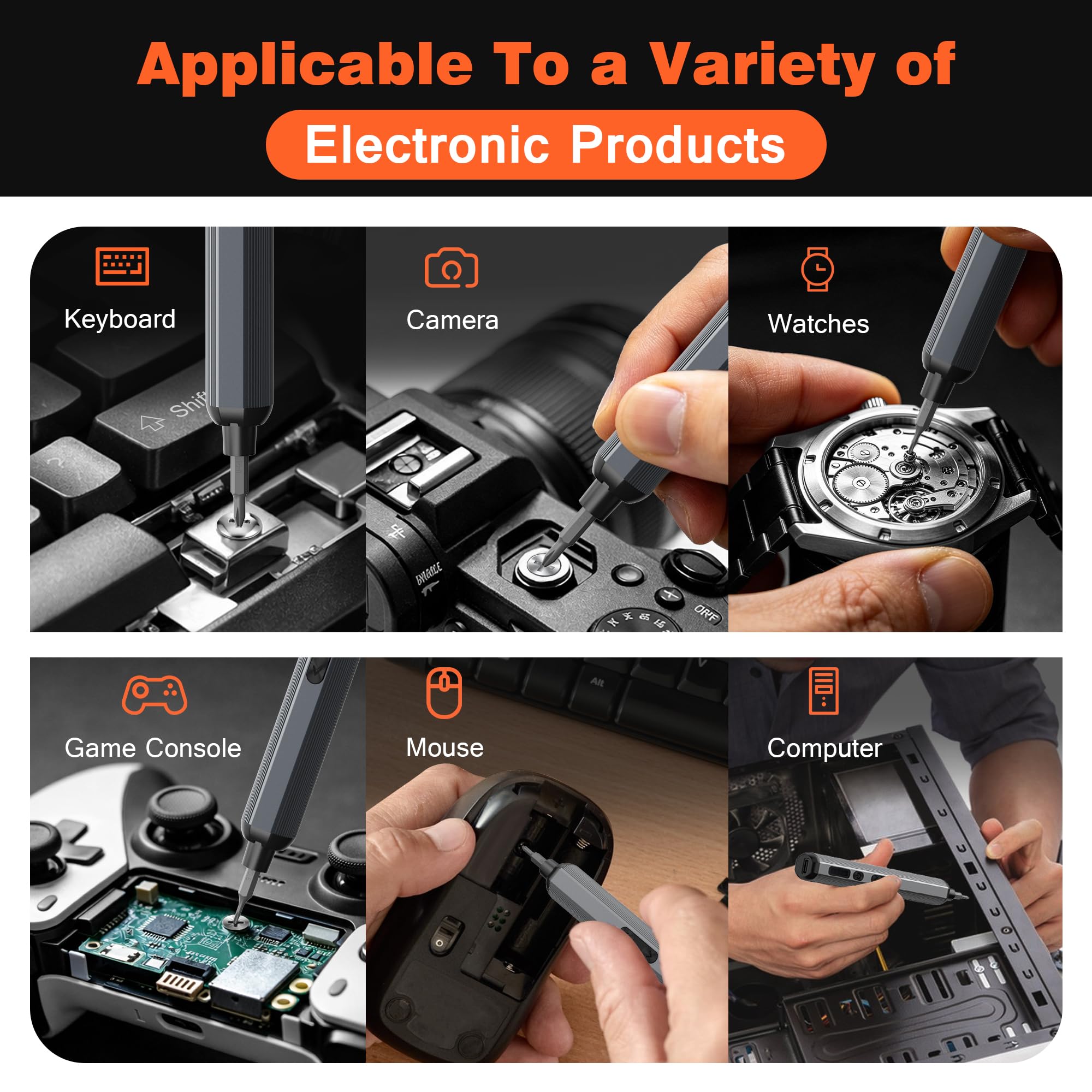 Set di cacciaviti elettrici 138 in 1, kit di cacciaviti di precisione senza fili, punte magnetiche per riparazione iPhone, PC, elettronica RC, orologio portatile (nero + arancione)