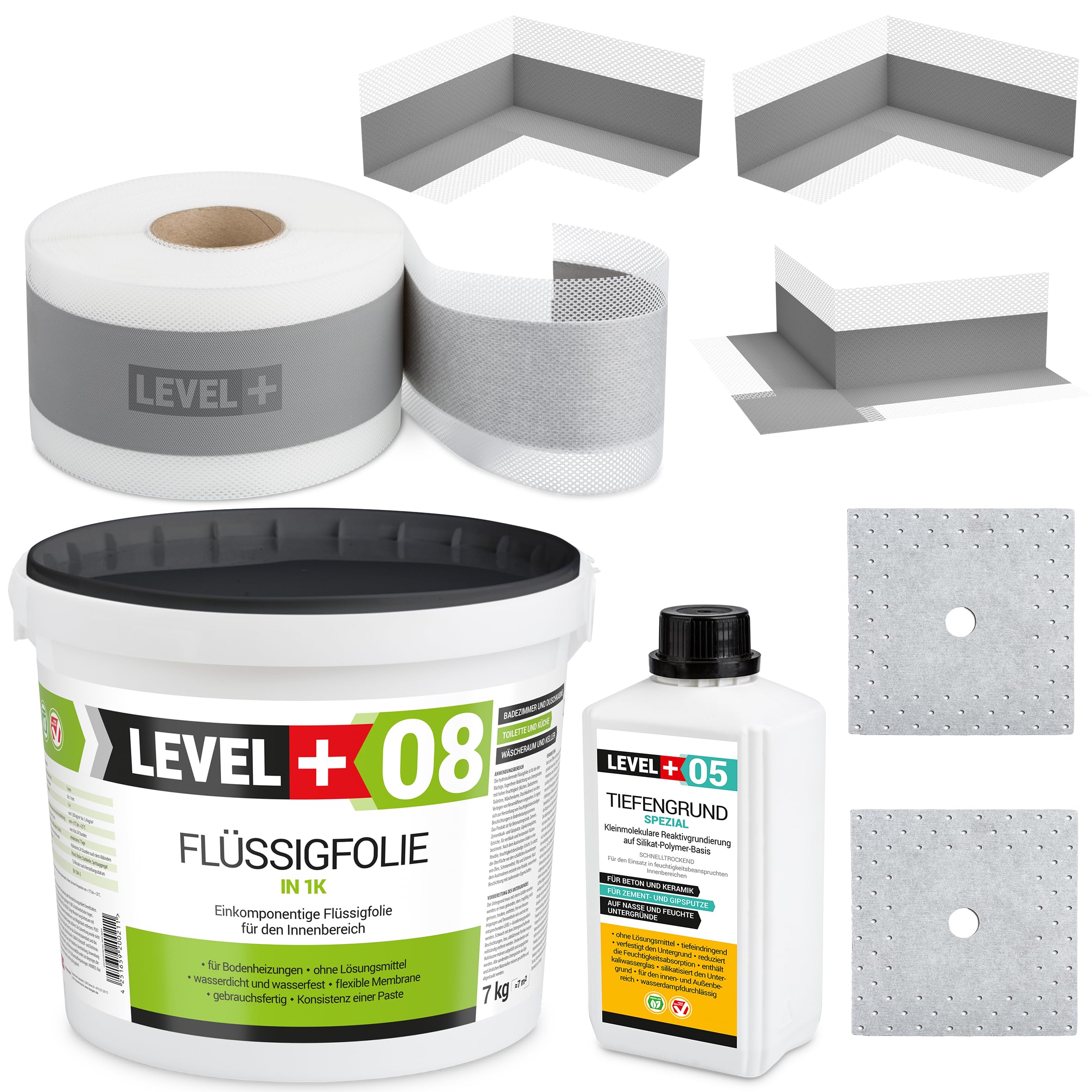 Dichtset Bandset Bad Dusche 7 Kg Flüssigfolie, 1L Tiefengrund, 5m Dichtband, 2 Innenecken, 1 Außenecke, 2 Wandmanschetten SET100