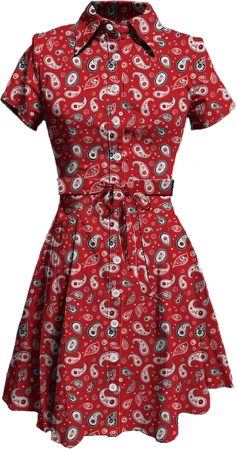 MARSVOVO Vintage Retro Shirt Dress for Women Short Sleeve Button Down Tie Waist Elegant Smocked Knee Length Dress