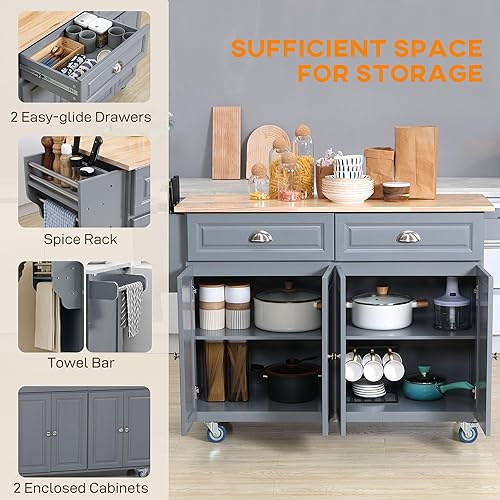 Miniatura 3 de HOMCOM Carrito de isla de cocina rodante con hoja caída, carrito de cocina con ruedas con parte superior de madera, 2 cajones y 2 armarios de Gris