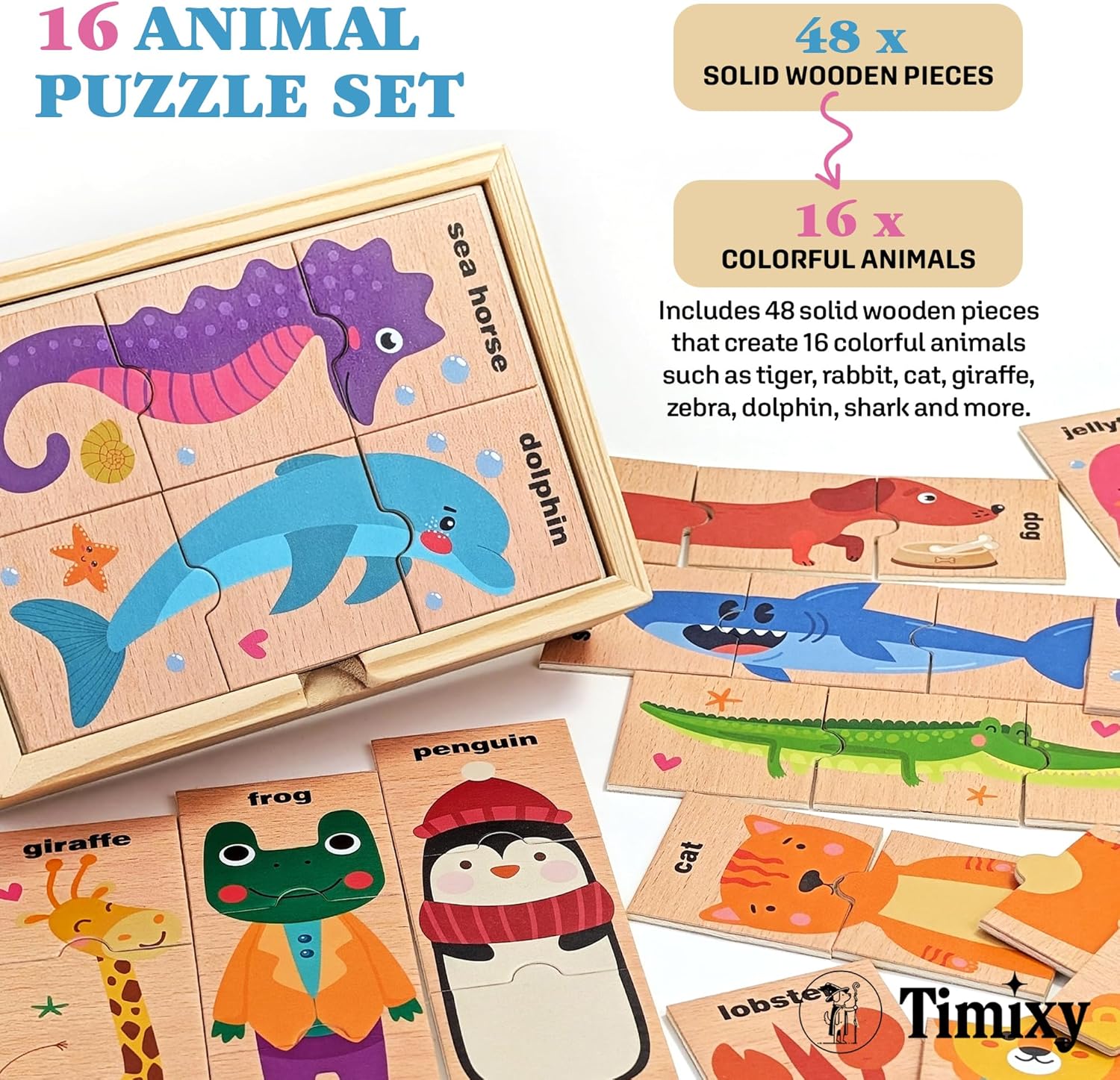 Montessori Wooden Puzzle for Toddlers, Wood Puzzle for Kids Ages 3-5, Animal Matching Game, Preschool Learning Toy, Educational Activity for 3 Year Old Boy Girl Birthday Gift, 48pc with Storage Box
