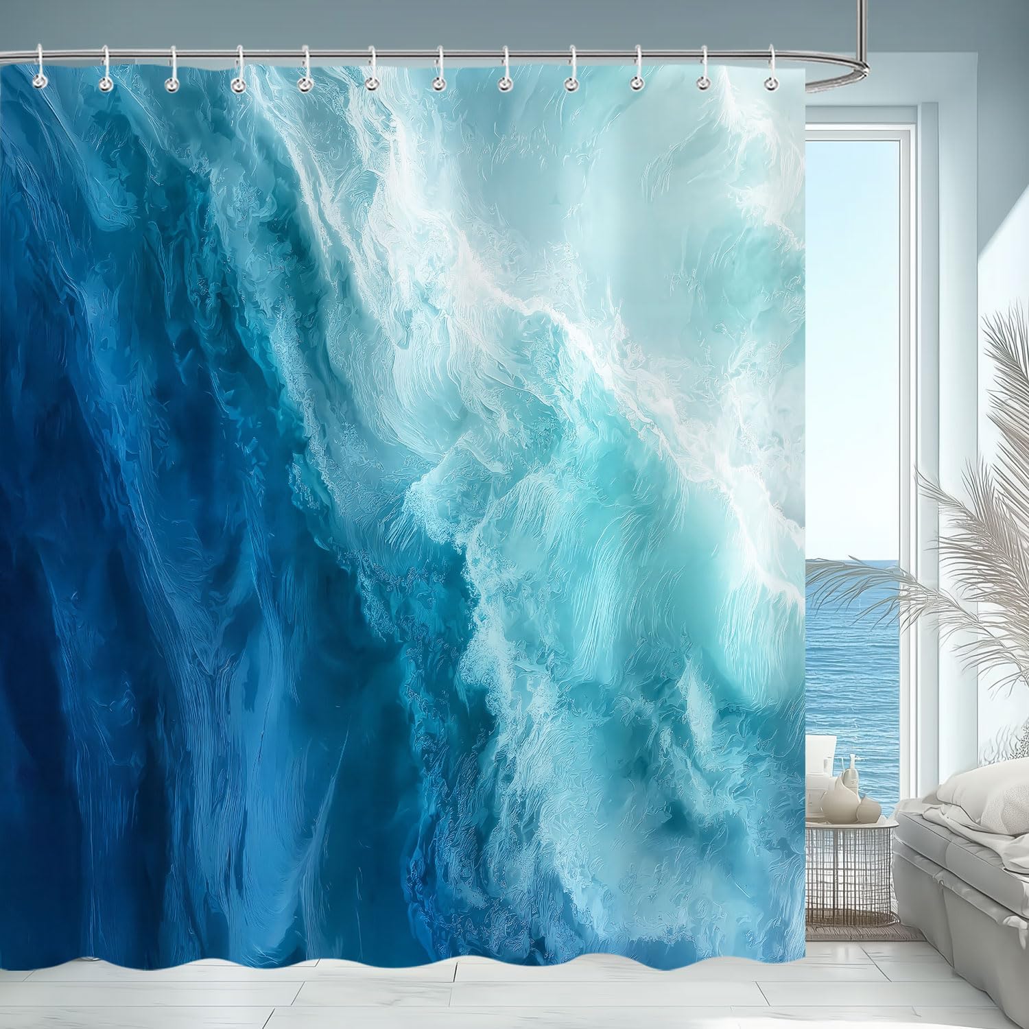 Blue Ocean Shower Curtain, Teal Beach Nautical Ombre Blue Sea Wave Abstract Modern Bathroom Decor, Summer Cool Nature Minimalist Hawaii Shower Curtains with 12 Hooks 72Wx72H