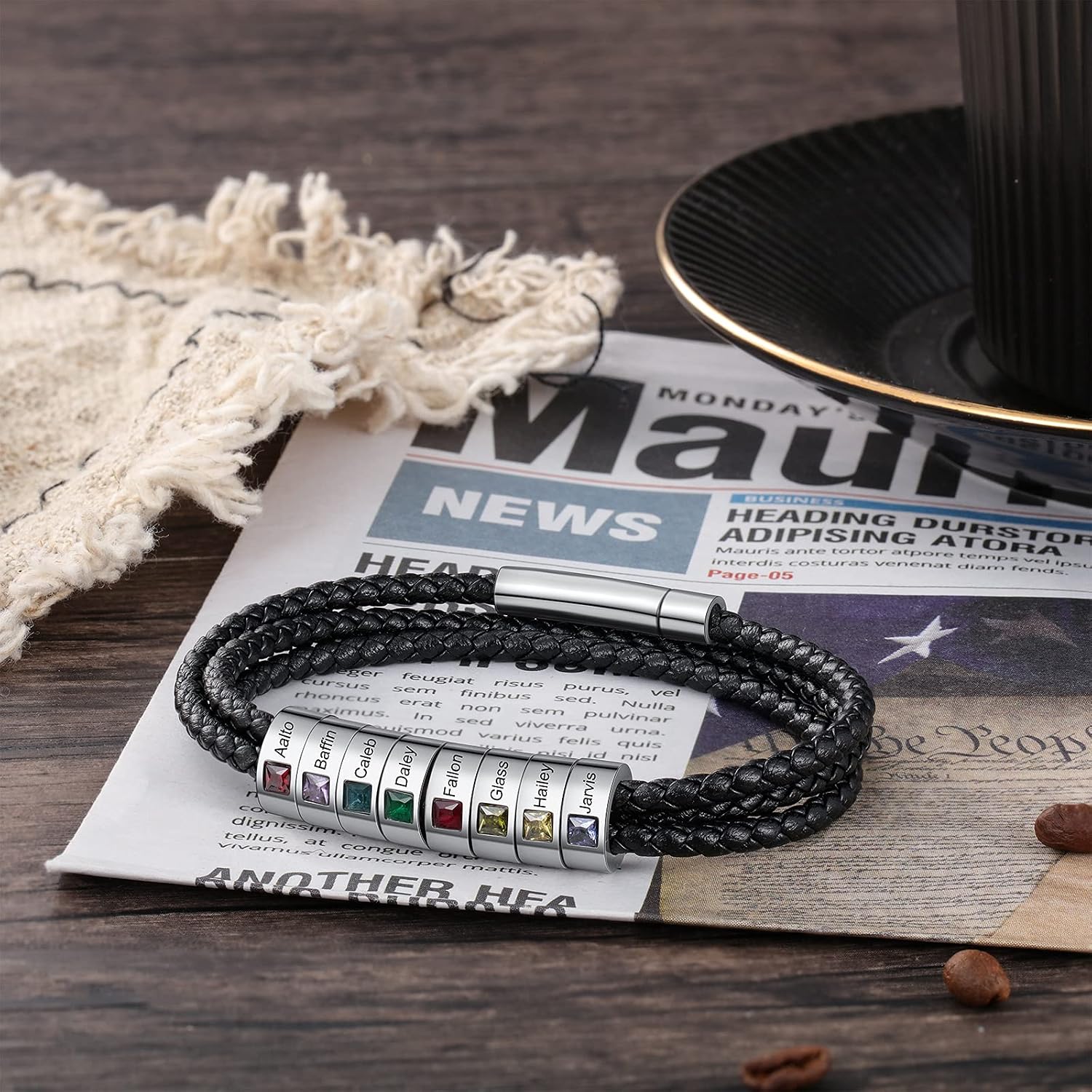 Personalized Mens Braid Bracelet Custom Bracelet with 1-8 Engraved Beads Family Names Jewelry Gifts for Men Father's day