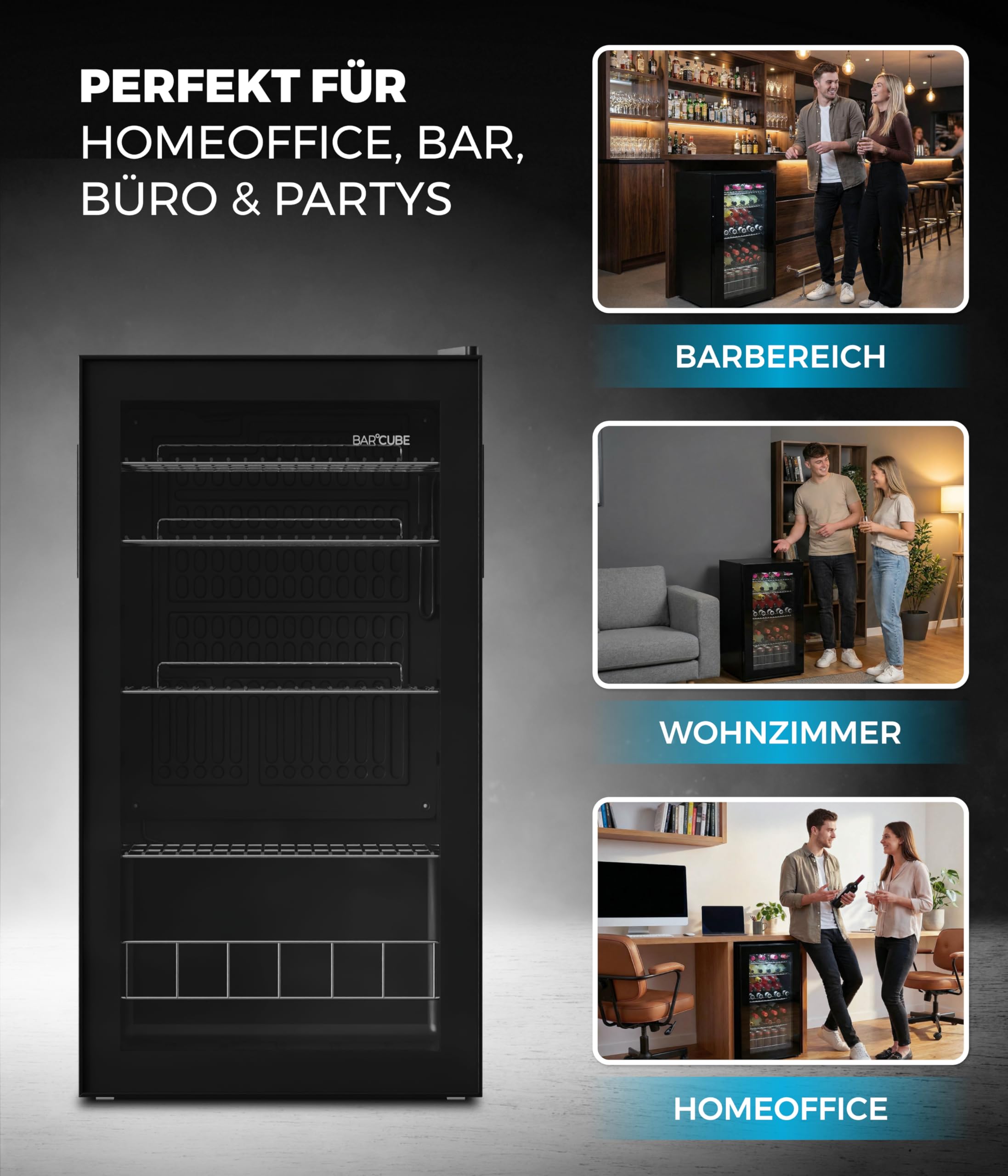 °CUBES BAR°CUBE 90L Getränkekühlschrank mit Glastür LED leiser Mini-Kühlschrank für Dosen Flaschen 4 Ablagen Schwarz