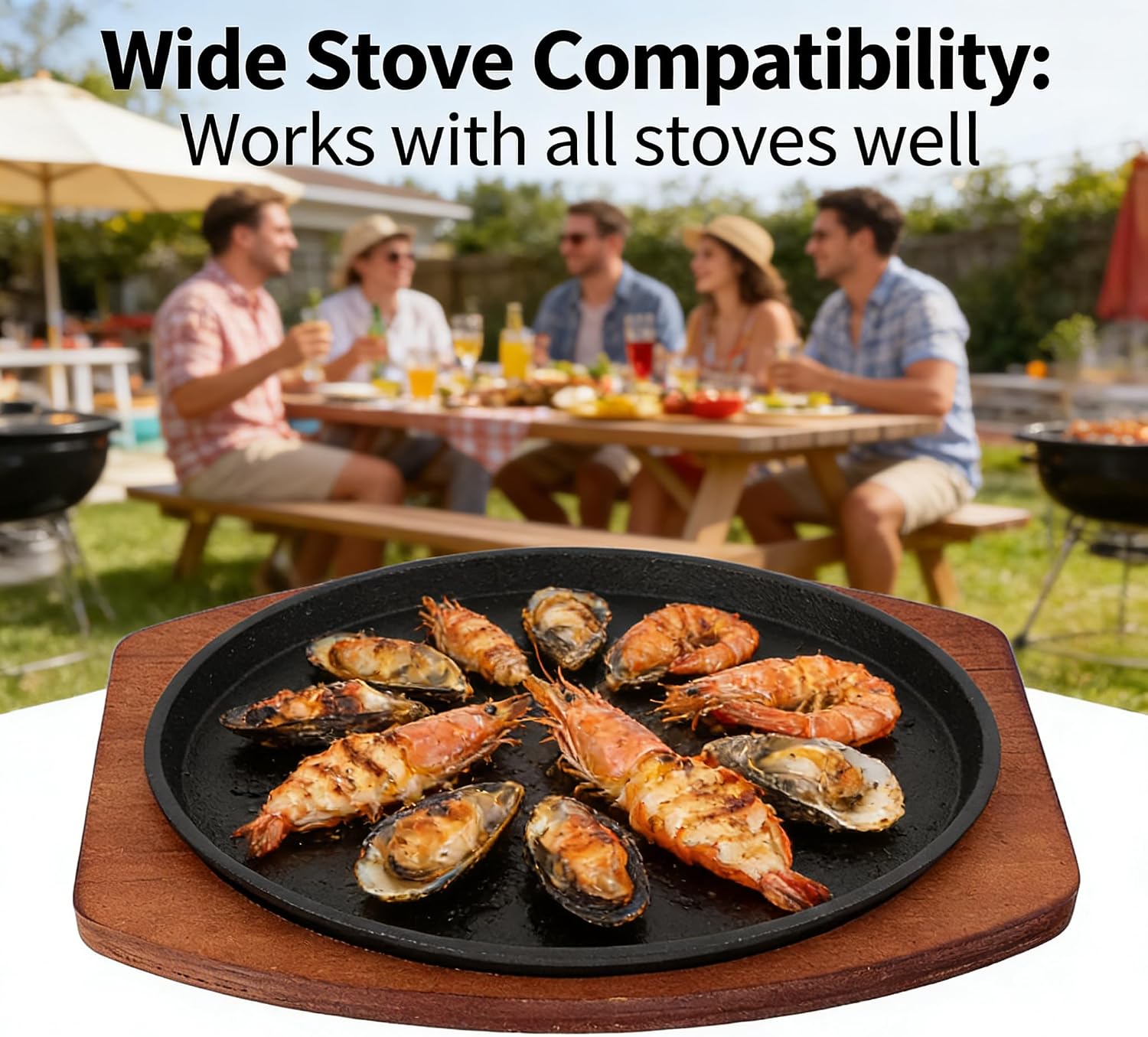 Iron Steak Plate with Wooden Base Pan for Bbq Steak Grill Pan for Home Kitchen Restaurant Serving Family Dinners Small Gatherings 9.84 X 9.05 X 0.98 in