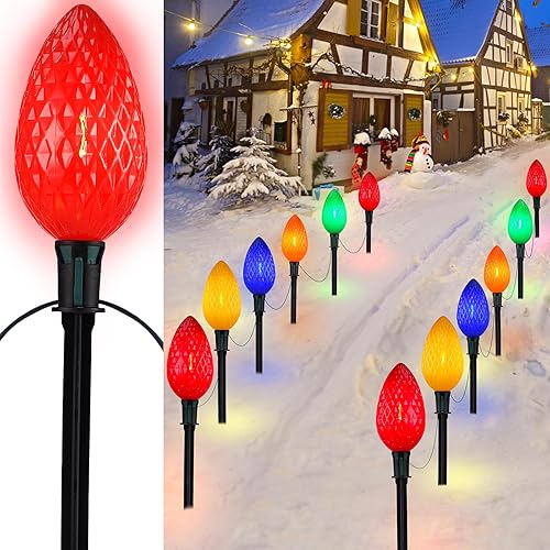 Paquete de 2 luces de Navidad Jumbo C9 para camino, decoraciones de césped al aire libre con 12 luces de fresa, luces LED multicolor de Navidad