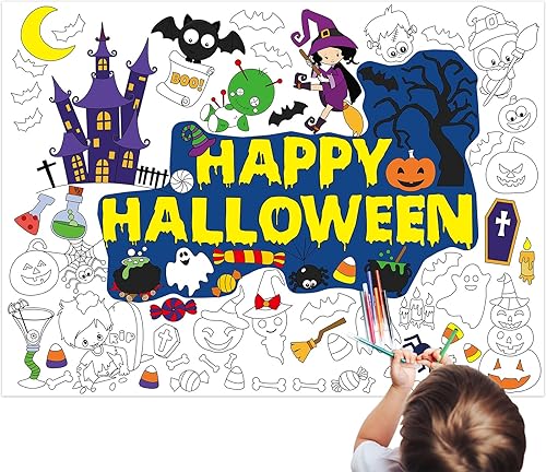 WorldBazaar 3 carteles gigantes de Halloween para colorear para niños, mantel para colorear de Halloween, manualidades de Halloween para niños,