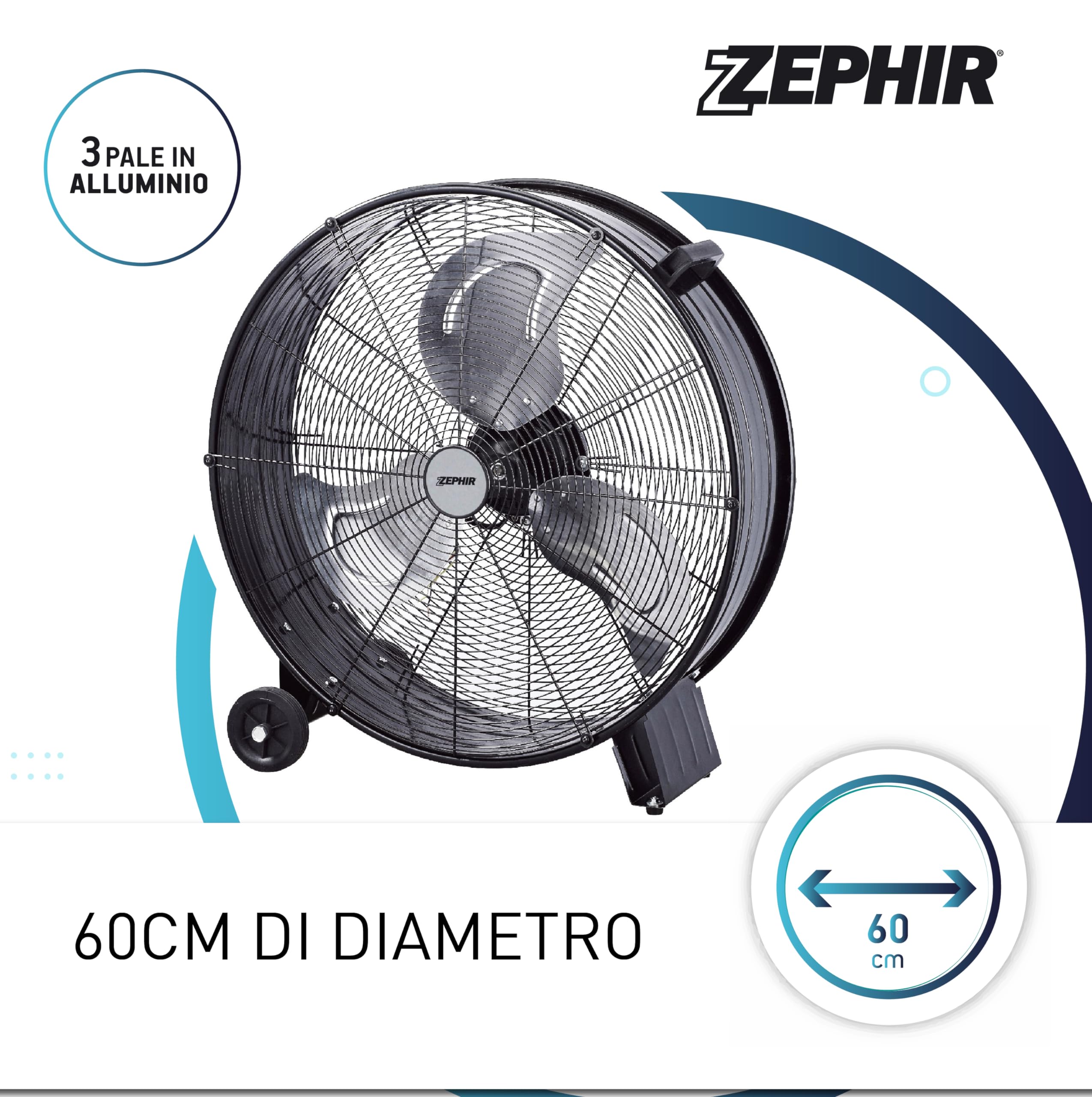 ZDM60CM Ventilatore Industriale da Terra Zephir Professionale con Ruote Struttura Interamente in Metallo Superpotente Pala 60 cm Gabbia 3 velocità selezionabili Motore da 180W, Nero