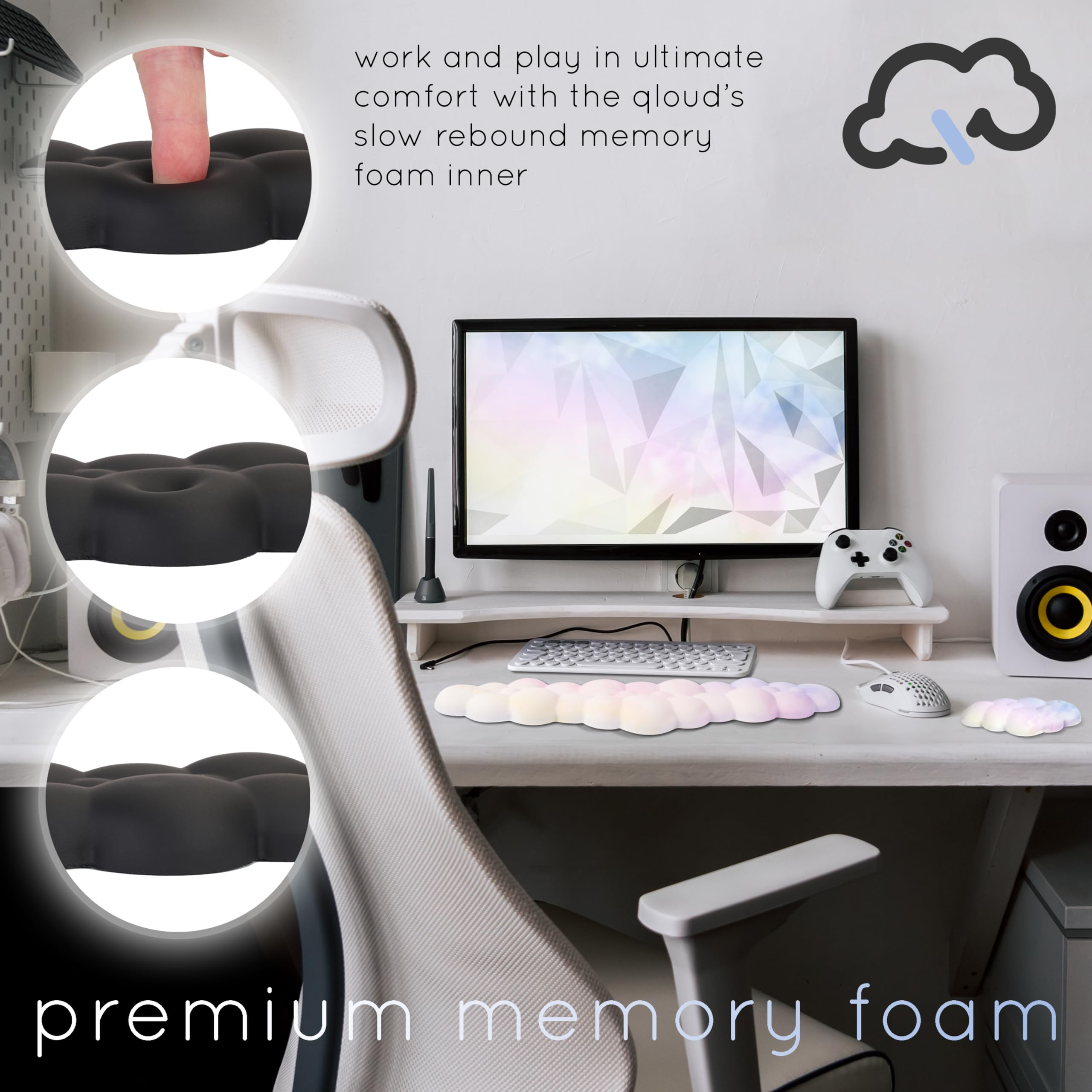 Create-ables Qloud Cloud Wrist Rest Keyboard Wrist Rest for Computer Keyboard Pad, Cloud Keyboard Wrist Rest, Wrist Pad for Keyboard, Memory Foam, Non Slip Base, Comes with Mouse Pad - White: 02 Rainbow 1