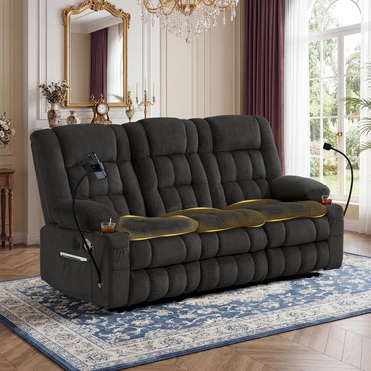 Reclining Sofa with 2-Layer Cushion, Home Theater Loveseat Recliner Sofa Couch with Hidden Drawers & Phone Holder, RV Wall Hugger Recliner Sofa with 3 Seater & Console (Grey, 77‘’)