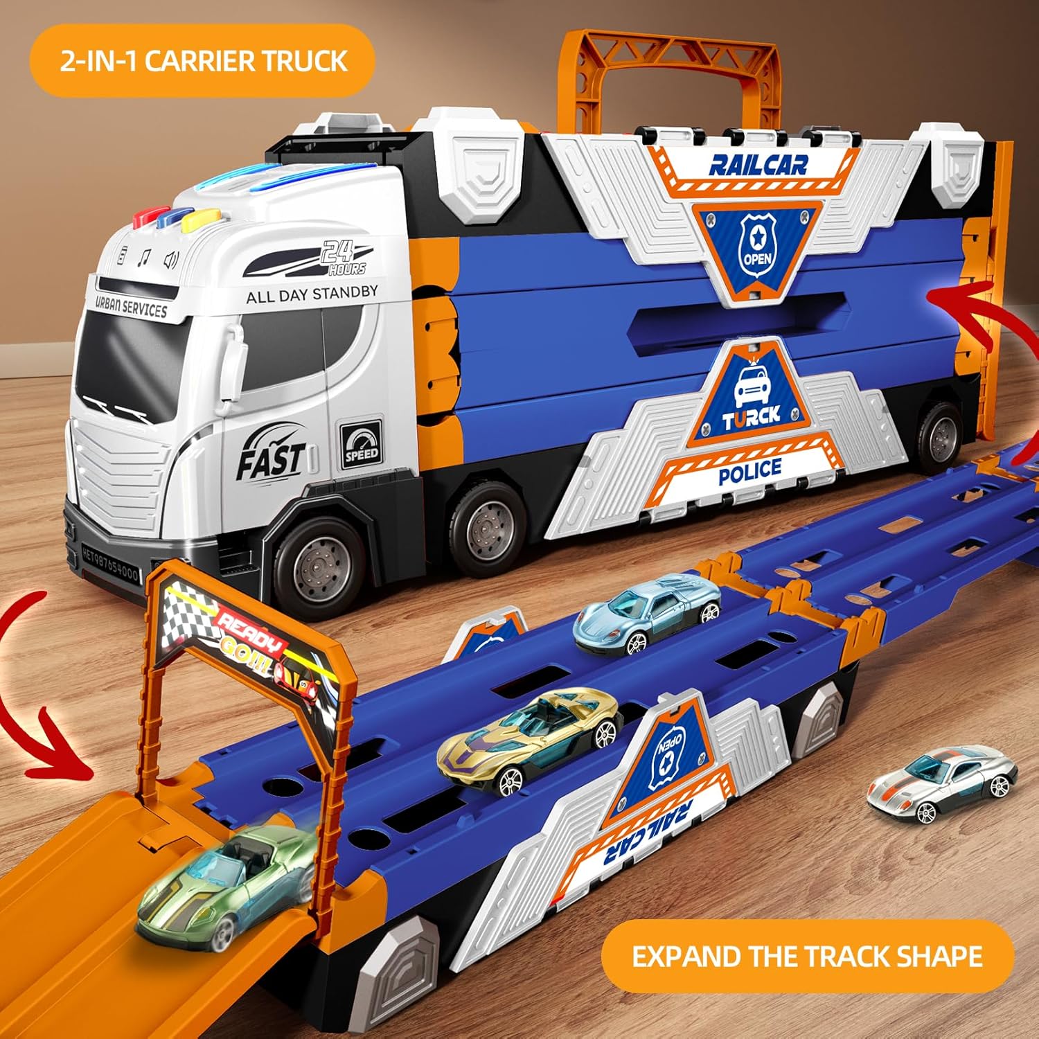 Jiakora 65-Inch Race Car Tracks and 20 Car Toys for Kids Boys Toddlers, Boy Toddler Toys Trucks for 3 4 5 6 7 8 Years Old Kids with Lights Sounds, Truck Toys Gift for 3 4 5 6 7 8 Years Old Boys Girls
