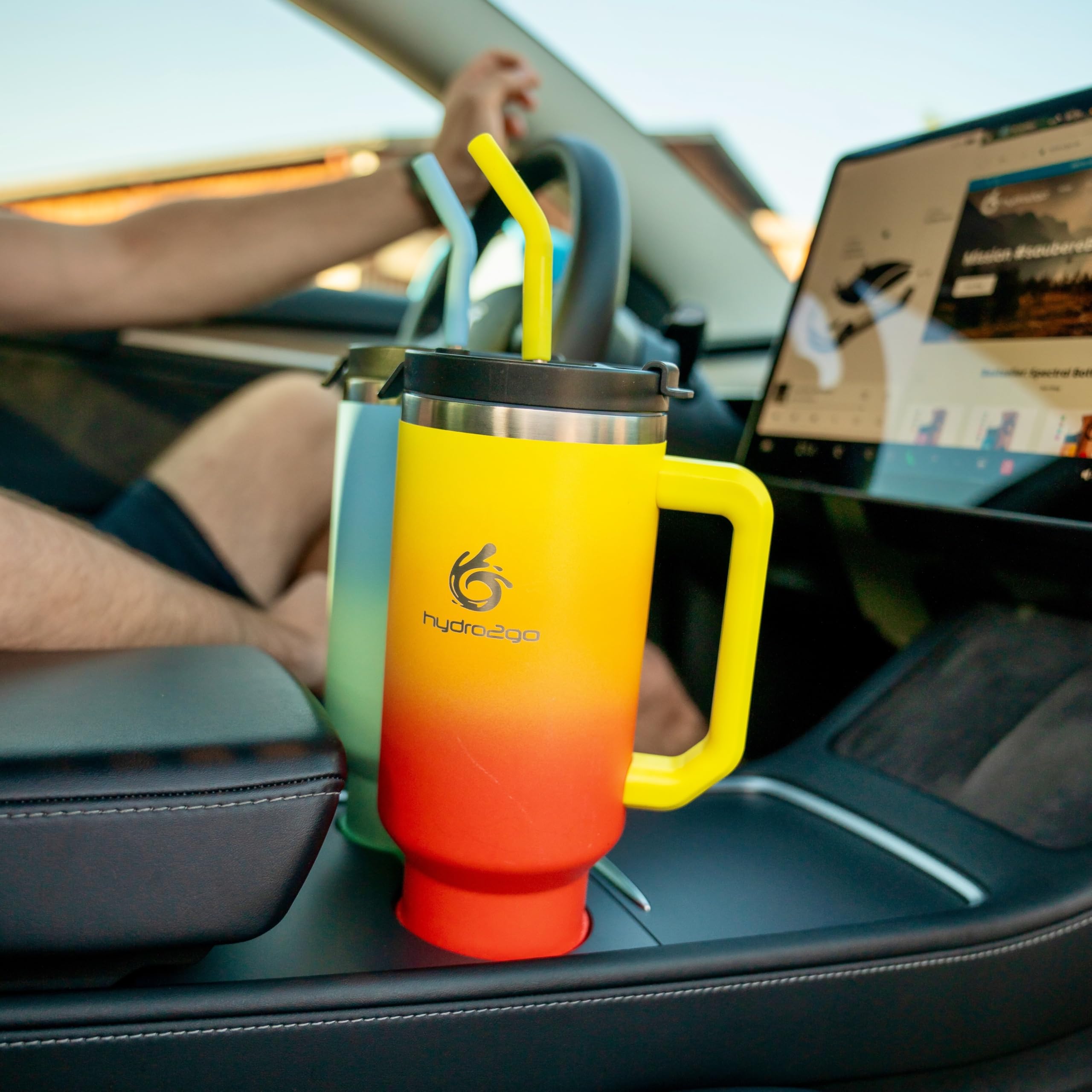 hydro2go® 1200ml/40oz Thermobecher, Kaffeebecher to Go, Isolierbecher mit Griff & Strohhalm, Reise- & Autobecher, Tumbler für Heiß- & Kaltgetränke (Sunset, 1200 ml) | thermobecher, kaffeebecher to go, isolierbecher mit griff und strohhalm, reisebecher, au