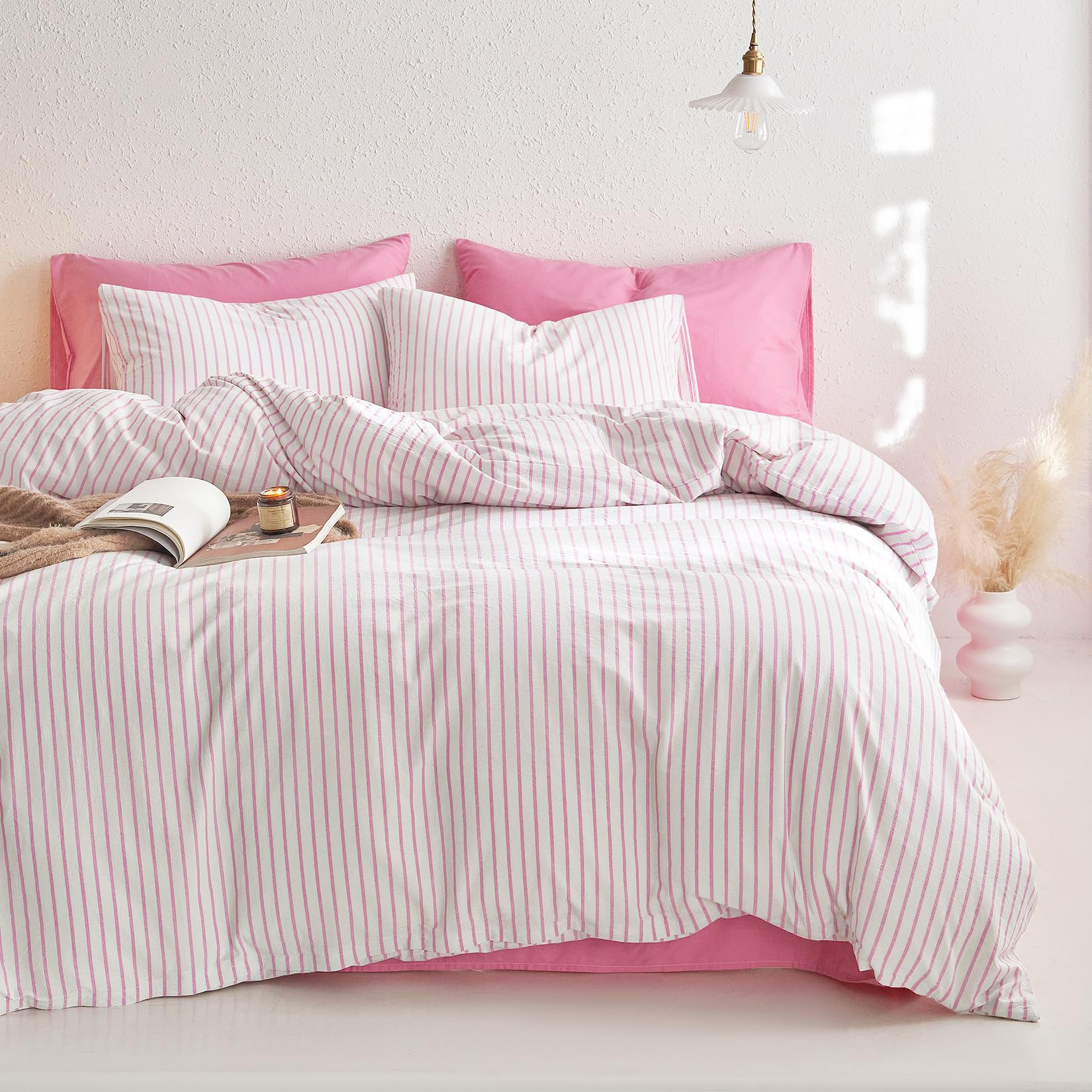 Amazon.com: Wake In Cloud Striped Cotton Duvet Cover Set, Pink