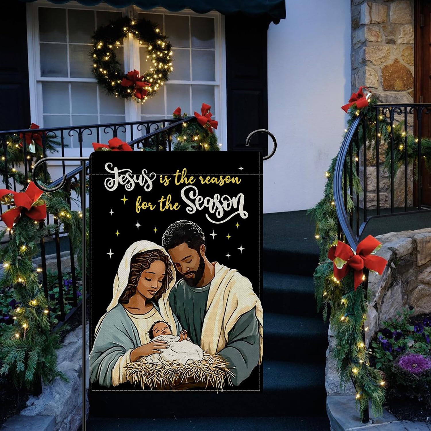 Dyrenson Christian Christmas Nativity Scene Decorative Garden Flag, Religious Xmas Jesus Black Yard Outside Home Decoration, Winter Holiday Burlap Outdoor Small Decor Double Sided 12 x 18 - Image 6