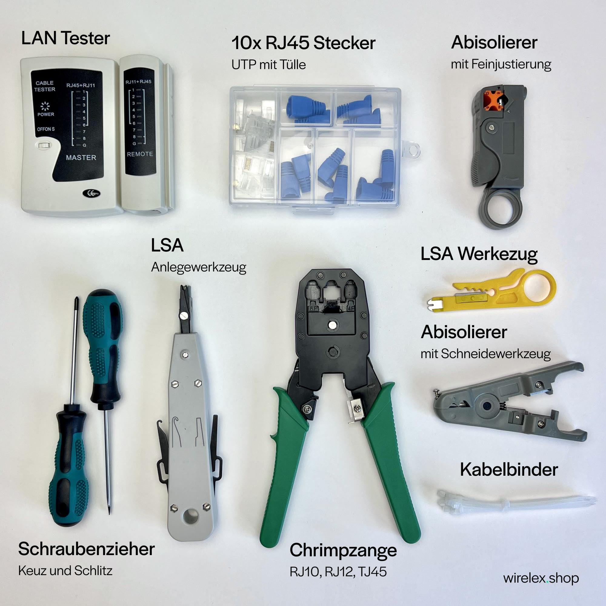 10-tlg. Netzwerk-Werkzeugset mit Tasche - RJ-45/12/10 Crimpzange, LAN-Tester mit Sweep Mode, LSA-Werkzeug, Schraubendreher, Kabelbinder, für Heimnetzwerke und SOHO