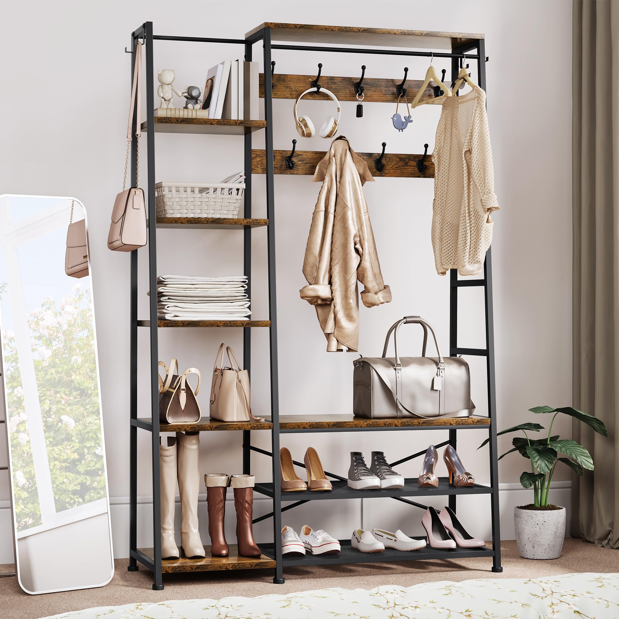 YITAHOME Perchero con Almacenamiento de Zapatos, Árbol de Pasillo Independiente con Banco Perchero Industrial con 5 Estantes Barra para Ropa para Dormitorio Sala de Estar Pasillo Entrada, Marrón | Perchero industrial con 9 ganchos y 5 estantes para dormit