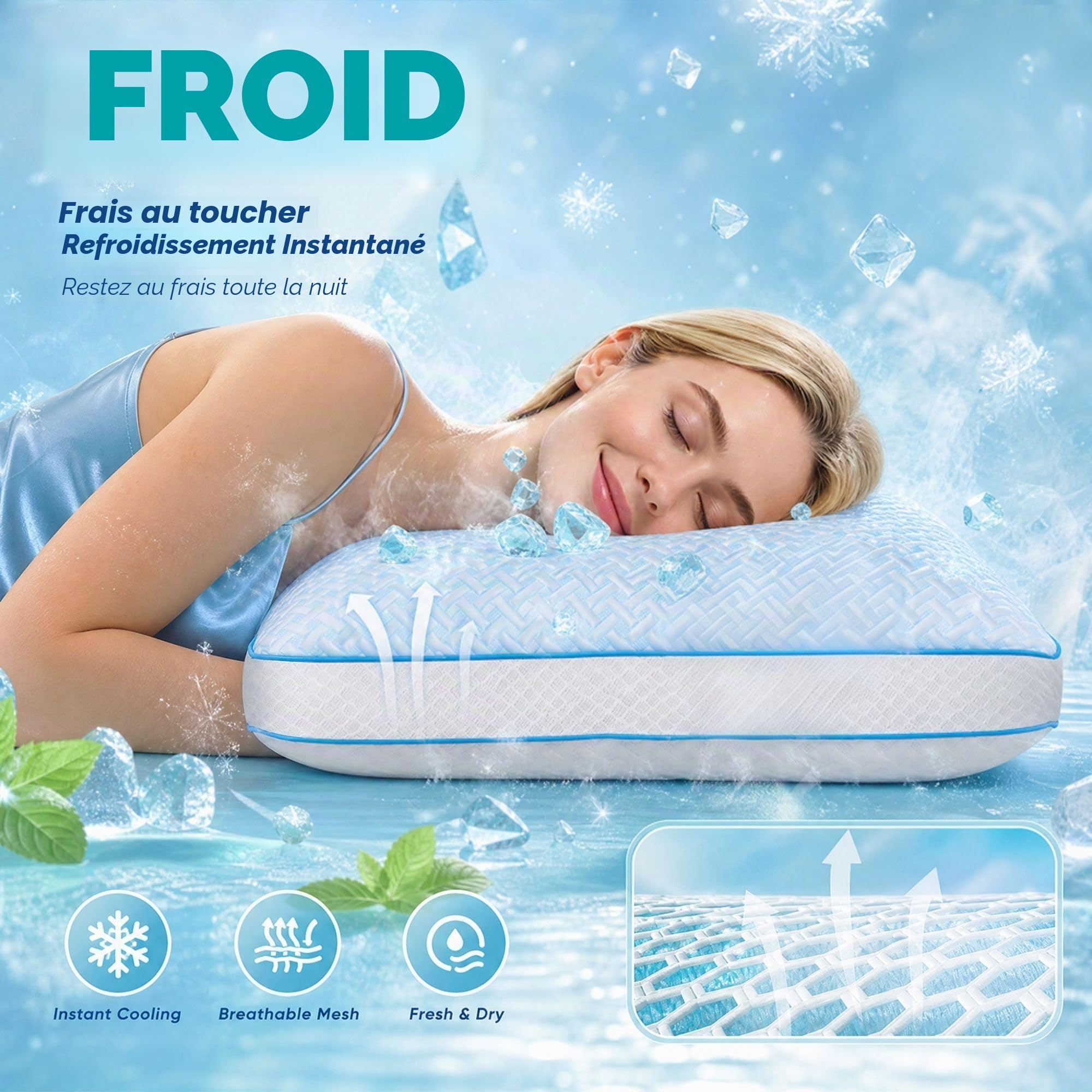 Oreiller mémoire de forme Gel – Oreiller 50x70 cervical à hauteur réglable, coussin respirant confortable, régulation thermique bi-face, avec housse amovible lavable, idéal pour toutes positions