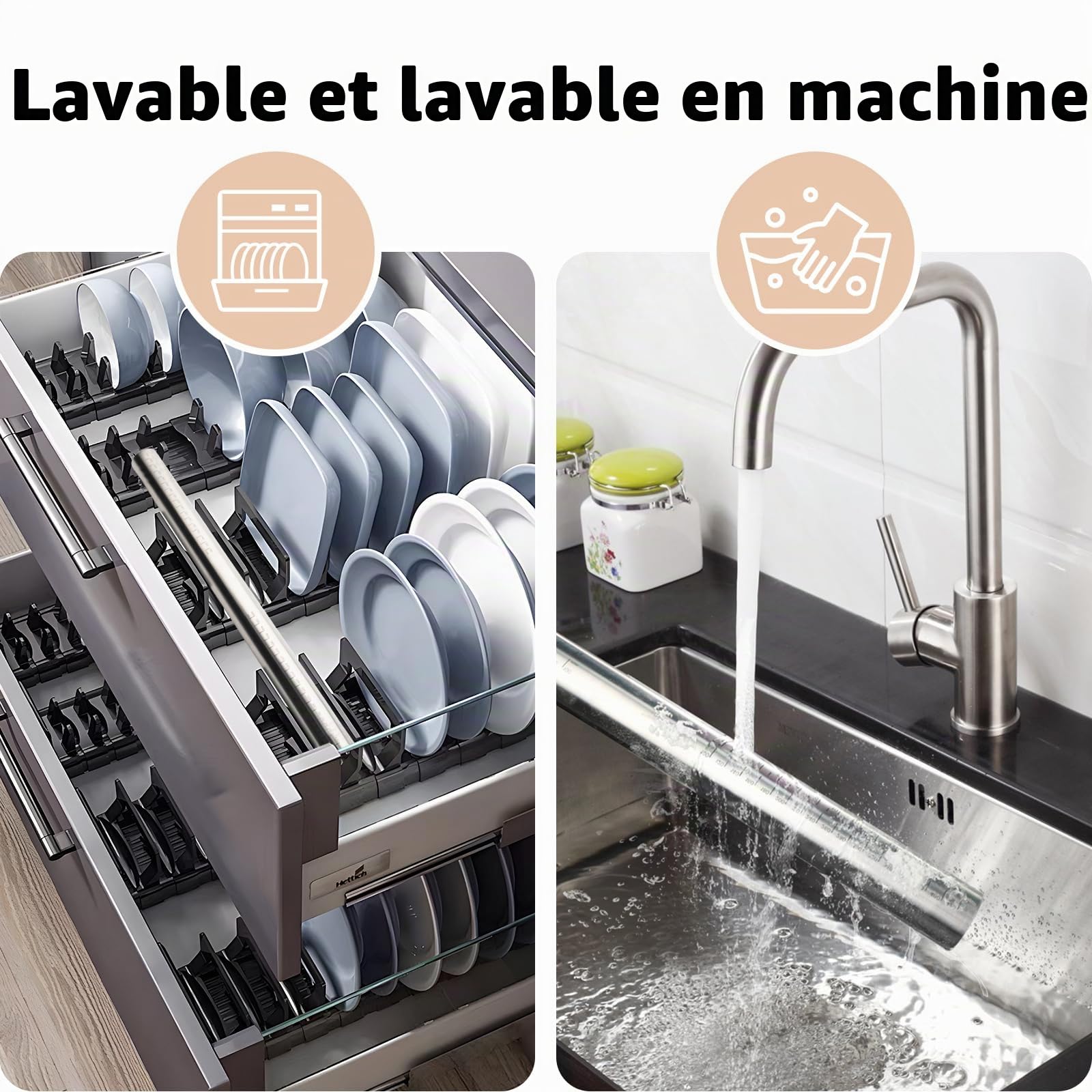 Rouleau à Pâtisserie Antiadhésif Ajustable en Acier Inoxydable 40cm, avec Anneaux Amovibles 5 Tailles