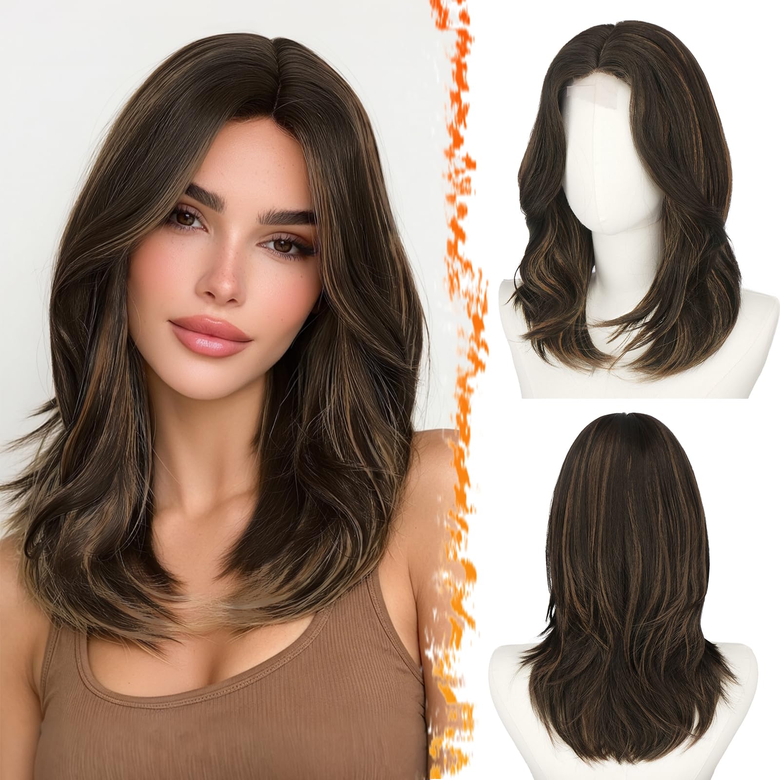 BARSDAR Negro Marrón Highlight Layered Peluca, Shoulder Longitud Liso Layered Pelucas para Mujeres Media Longitud Butterfly Face-Framing Curtain Bangs Peluca Sintética Aspecto Natural Pelucas de Pelo