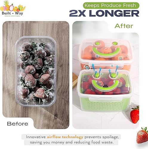 Miniatura 2 de Recipientes sonrientes de almacenamiento de frutas para refrigerador, manténgase fresco con tapas sin BPA, organizador ideal de verduras y bayas,