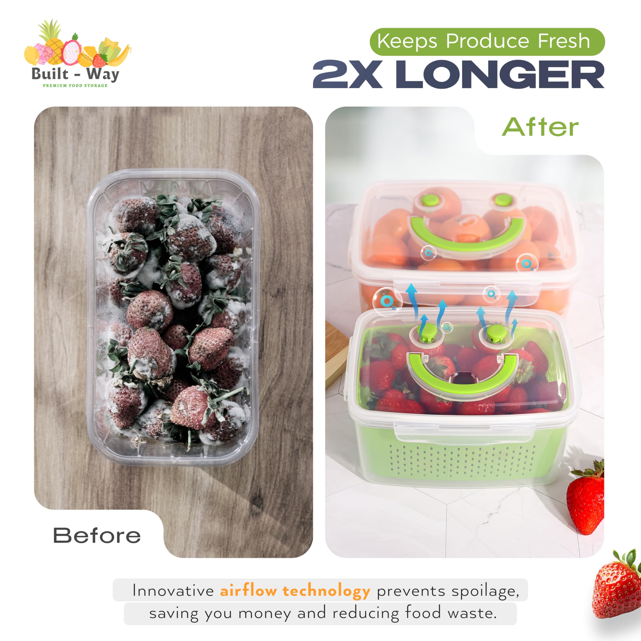 Contenedores de almacenamiento de frutas para nevera, almacenamiento de frutas y verduras y almacenamiento de productos, contenedores de productos que ahorran espacio para refrigerador